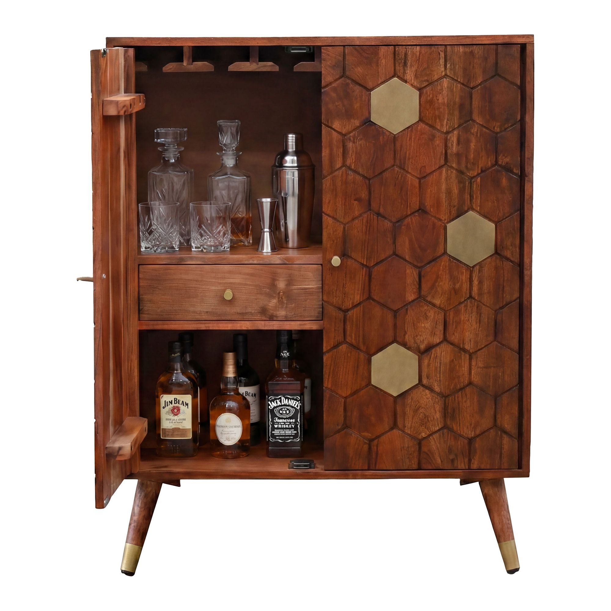 Wohnling Barschrank WL7.442 Massivholz 75cm Bar Weinschrank Design Hausbar Handmade (Extravagantes Barmöbel mit 3D-Wabenmuster) Viel Stauraum mit Weinregal und Weinglashalter