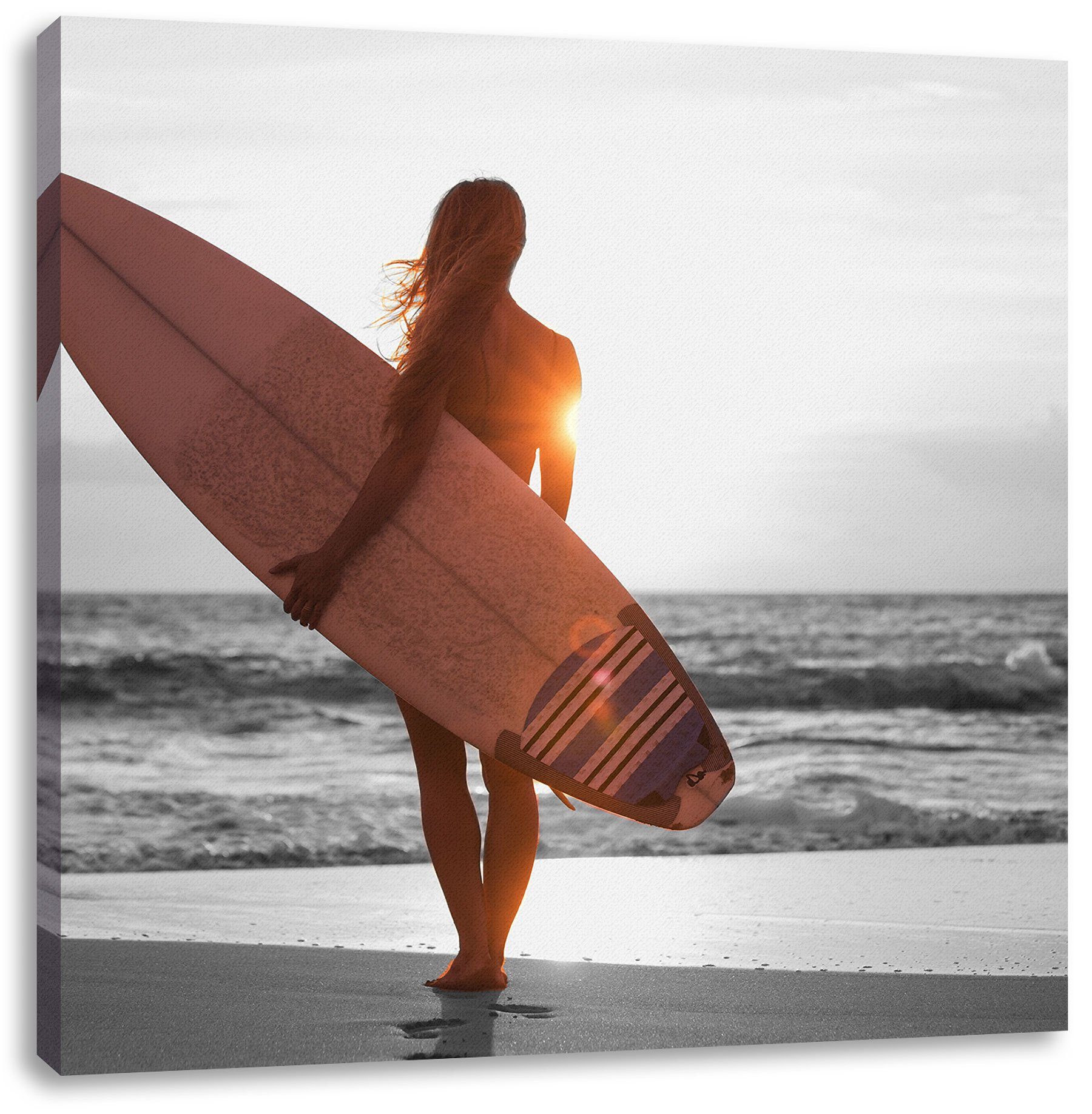 inkl. vor bespannt, Surferin Sonnenuntergang (1 Zackenaufhänger Pixxprint St), fertig Sonnenuntergang, Leinwandbild Leinwandbild vor Surferin