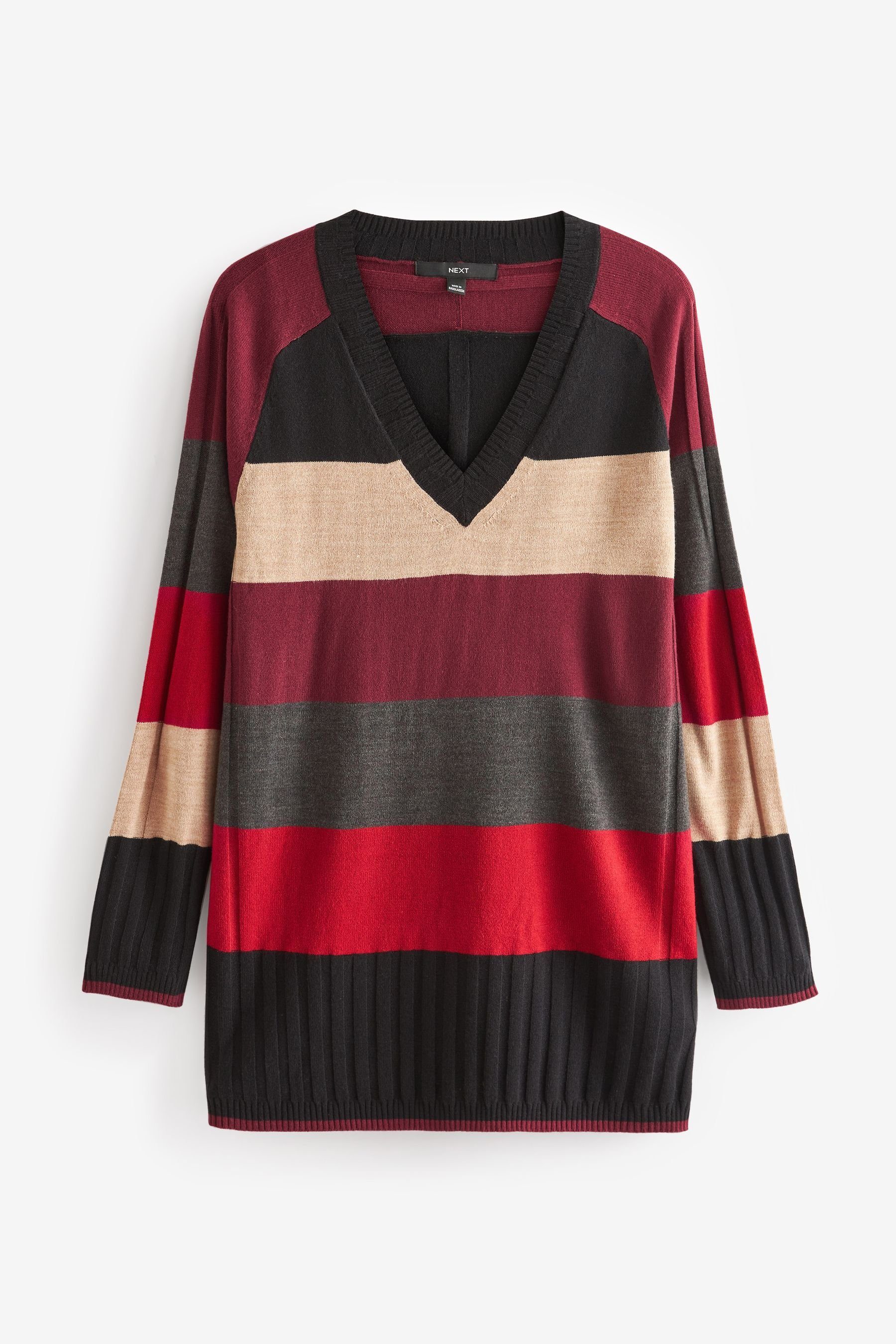 Next Longpullover Bequeme Tunika mit V-Ausschnitt (1-tlg) Black/Red Stripe