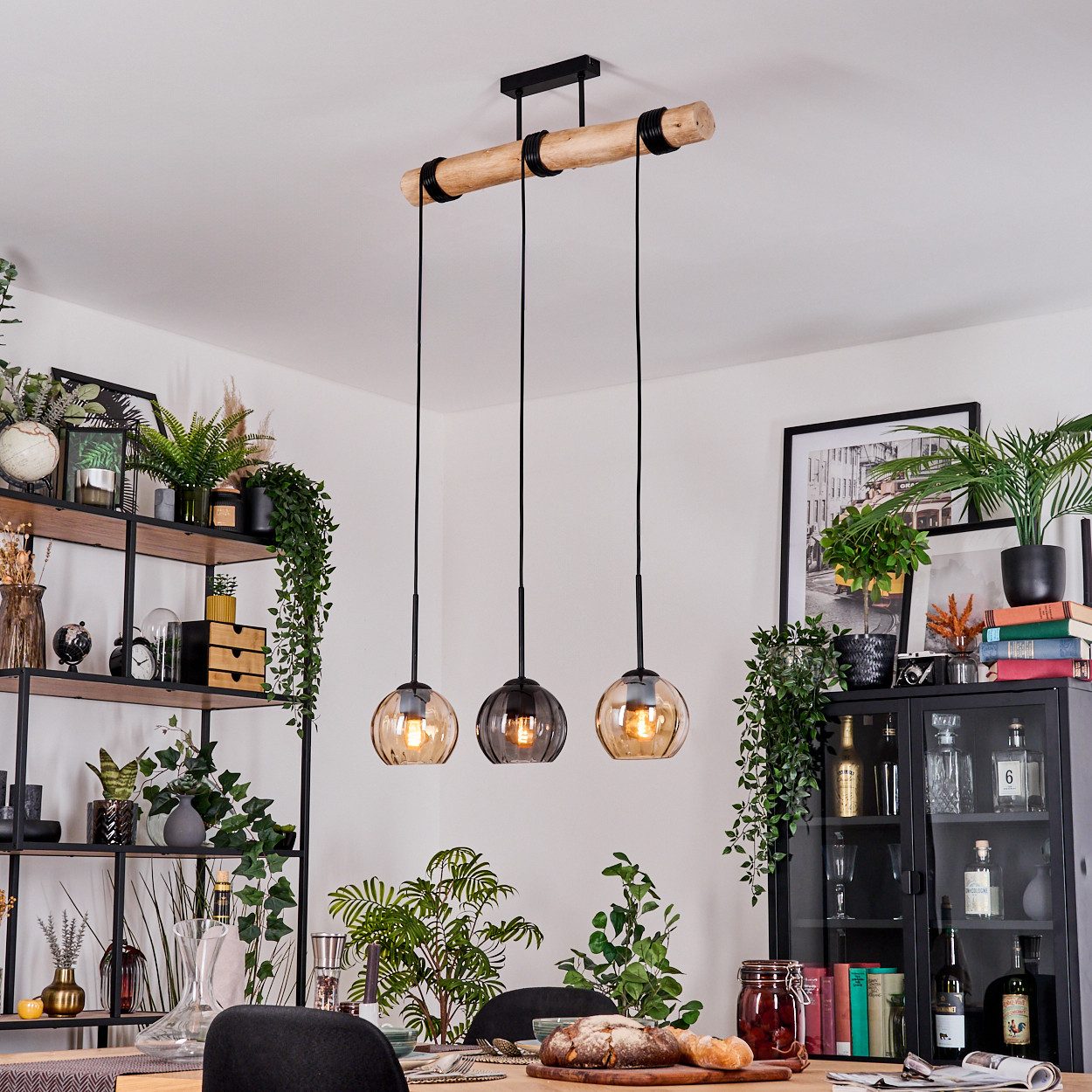 hofstein Hängeleuchte Hängelampe aus Metall/Holz/Riffelglas in Schwarz/Natur/Rauch/Bernstein, ohne Leuchtmittel, moderne Pendelleuchte im Boho/Vintage-Design (Schirme 15 cm), 3 x E27