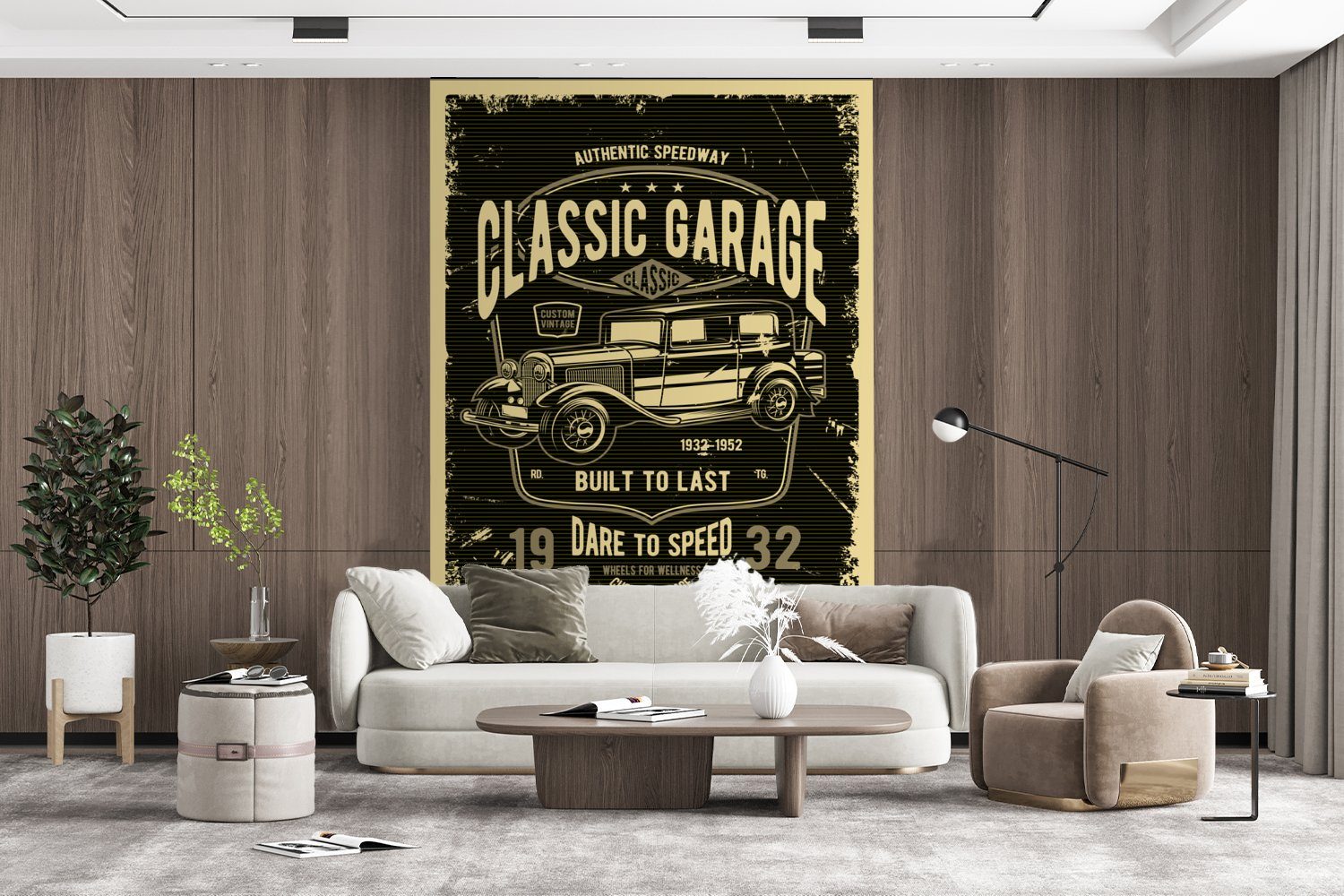 - Matt, (3 Vinyl bedruckt, Wohnzimmer, für Auto Montagefertig Garage, - Retro St), MuchoWow Tapete - Wandtapete Fototapete Mancave