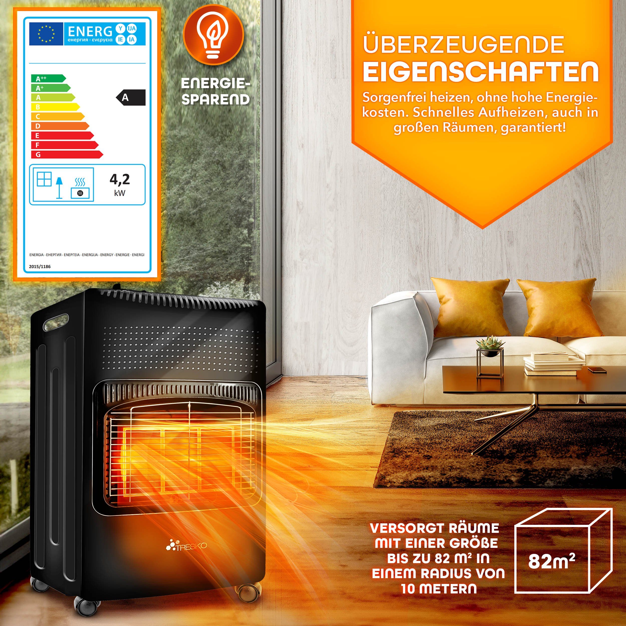 TRESKO Heizstrahler 4200 W Gasheizung + Abdeckung Gasheizer 3 Stufen Gasofe günstig online kaufen