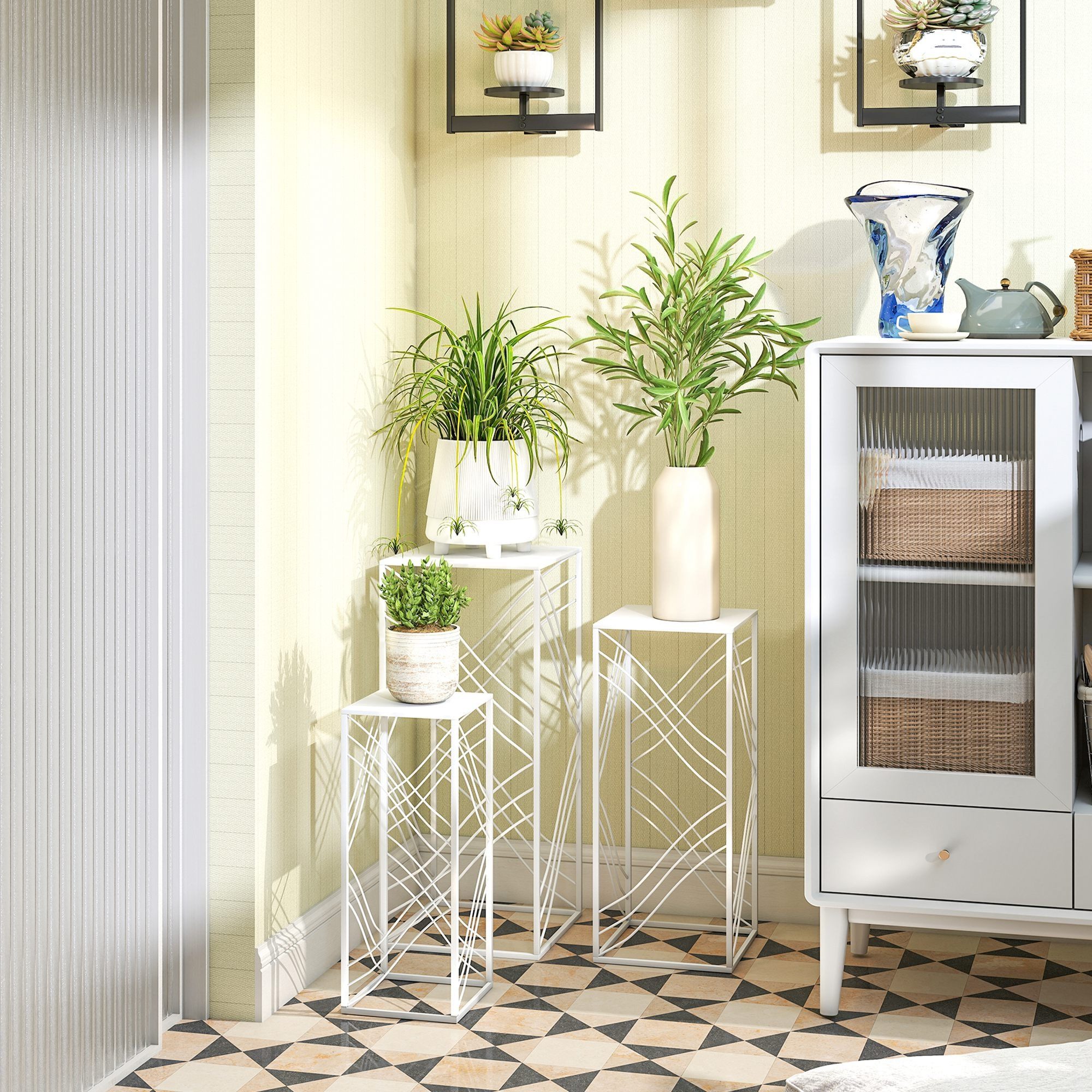 UMAY Blumenständer 3er-Set Pflanzenständer, 50/60/70 cm hoch Blumenständer (stapelbar Pflanzenregal aus Metall Weiß)