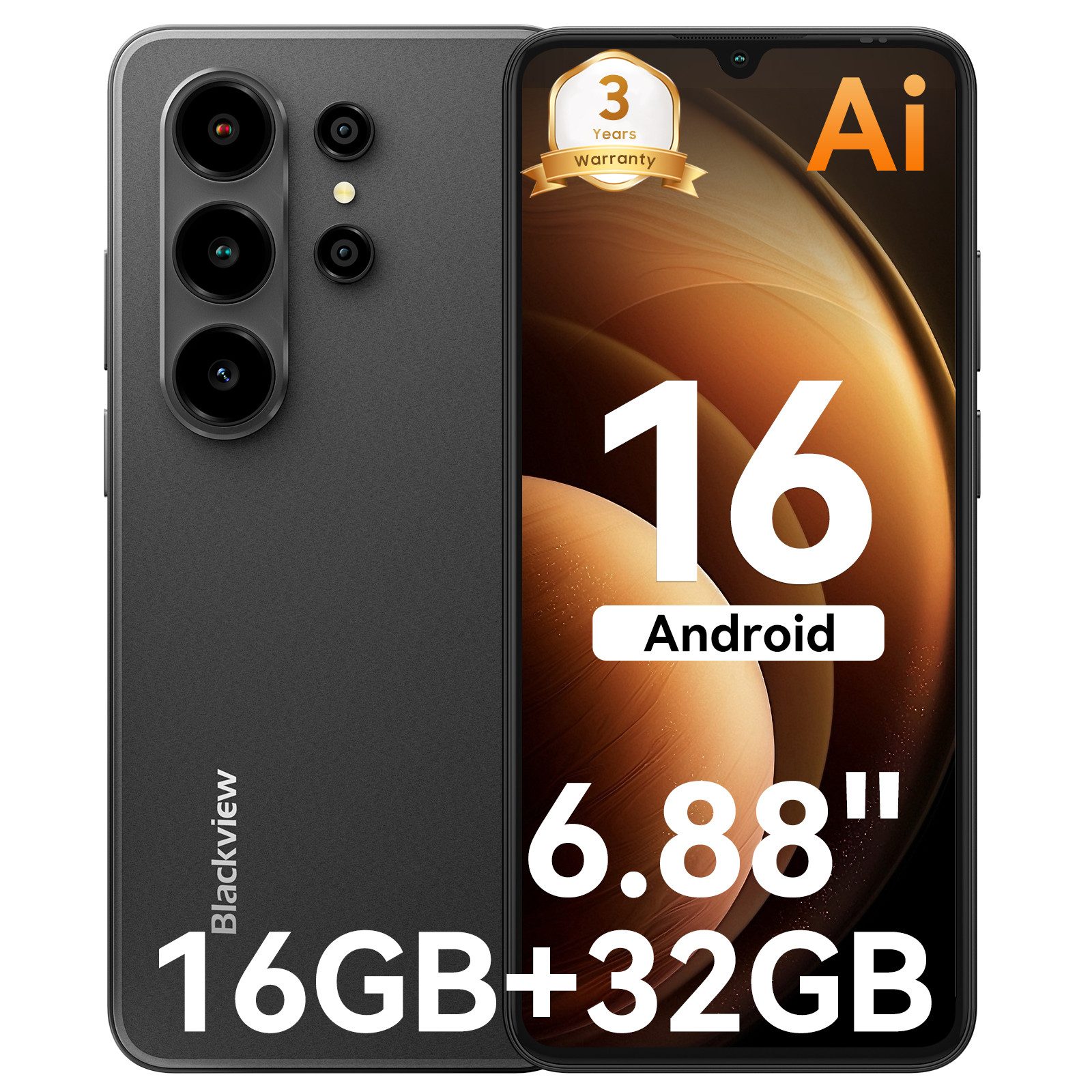 blackview Blackview A16 6,88'' 5000mAh 32MP Kamera 6GB RAM + 128GB ROM Dual SIM Smartphone (6.88 Zoll, 32 GB Speicherplatz, 32 MP Kamera, Fingerabdruck, Dual SIM 4G, Android 16)