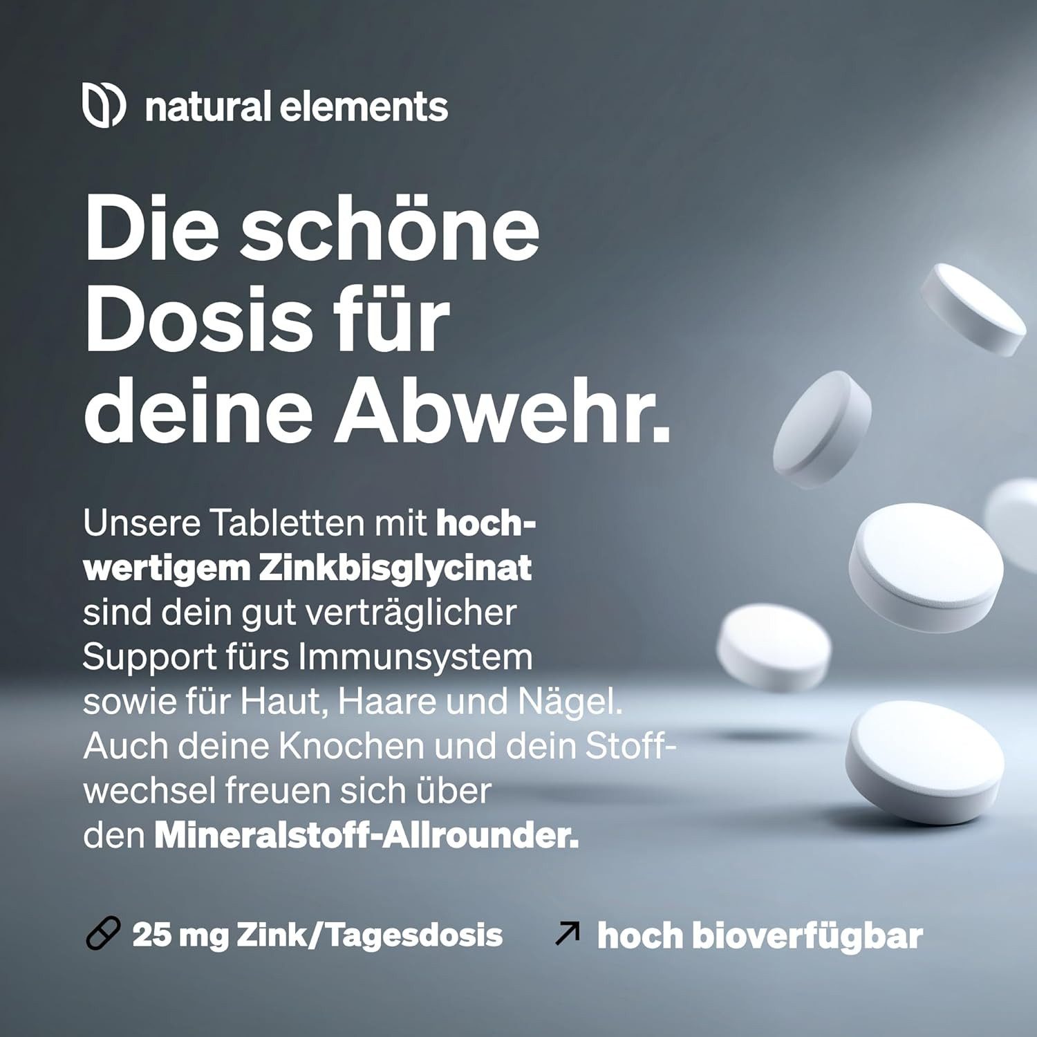 natural elements Zink 25mg – 365 Tabletten Tabletten, 1 er in Deutschland produziert & laborgeprüft à 365 St., 91 g, Hochdosiertes Zinkbisglycinat für dein tägliches Wohlbefinden
