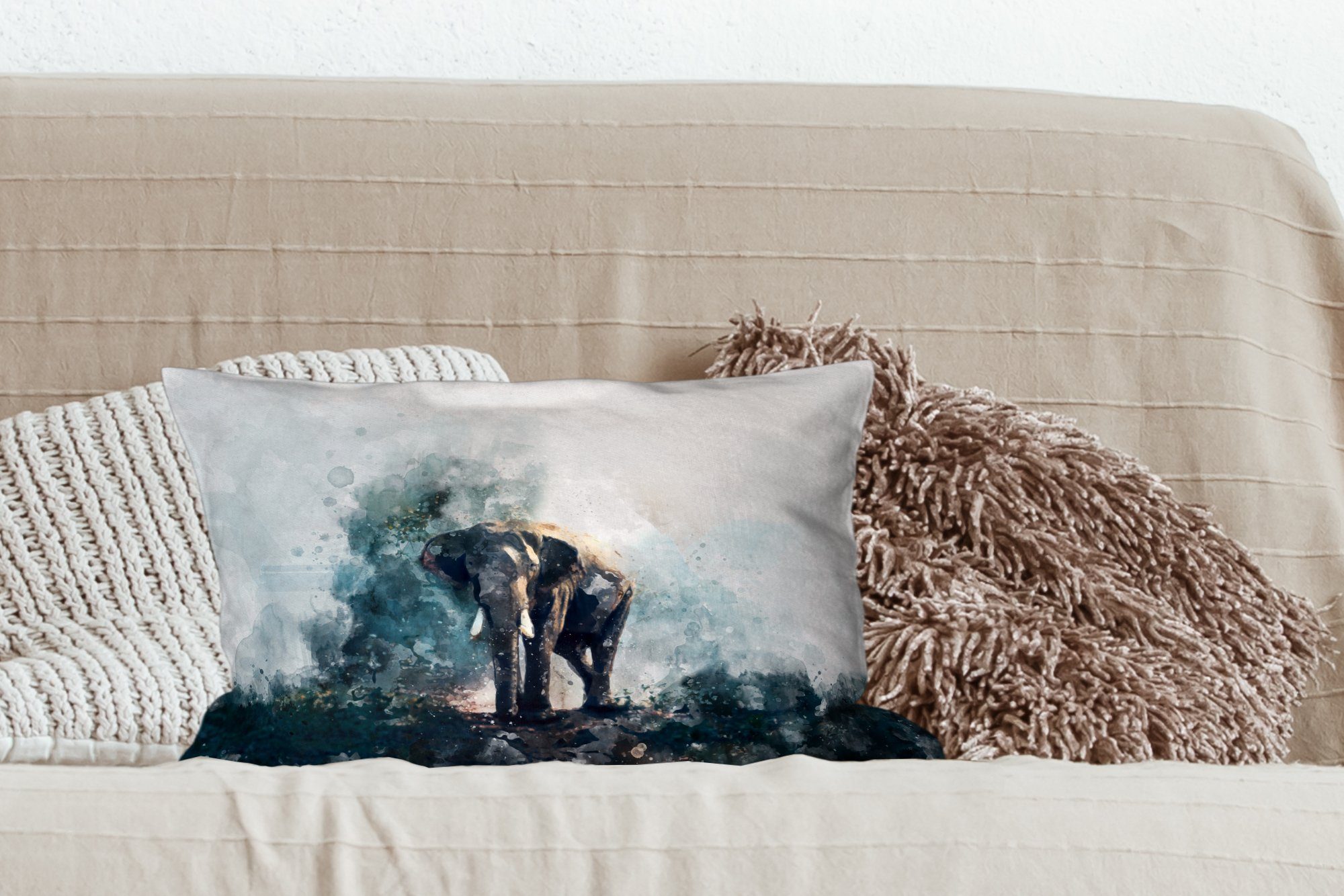 MuchoWow Dekokissen Elefant - Aquarell Dekokissen Wohzimmer Dekoration, - mit Schlafzimmer Zierkissen, Füllung, Blau