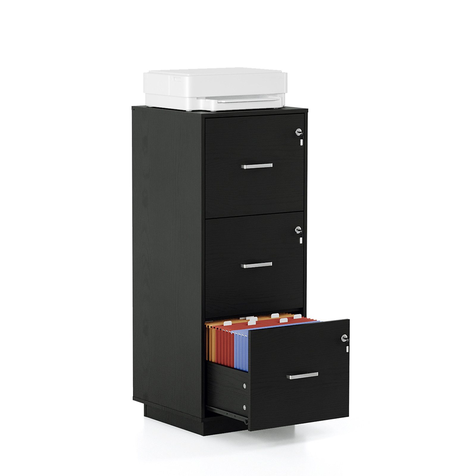 VINGLI Aktenschrank mit 3 Schubladen, Büroschrank abschließbar, 39x39x98 cm verstellbare Hängestange für A4 und Letter, Druckerständer Holz