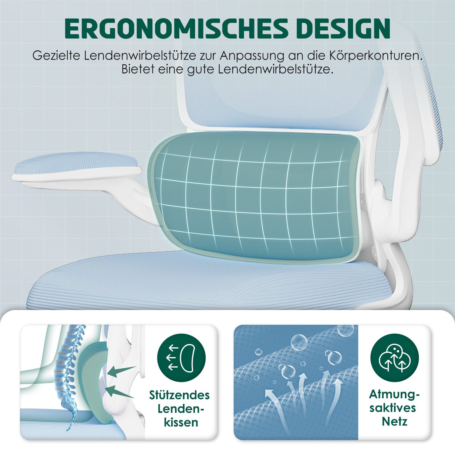 Fukstern Bürostuhl Ergonomischer Bürostuhl mit 90° klappbaren Armlehnen (Verstellbare Kopfstütze, atmungsaktiver Mesh-Bezug, Rücken- und Taillenstütze, Neigung fixierbar bei 90° (maximal kippbar bis 135), bis 150 kg belastbar