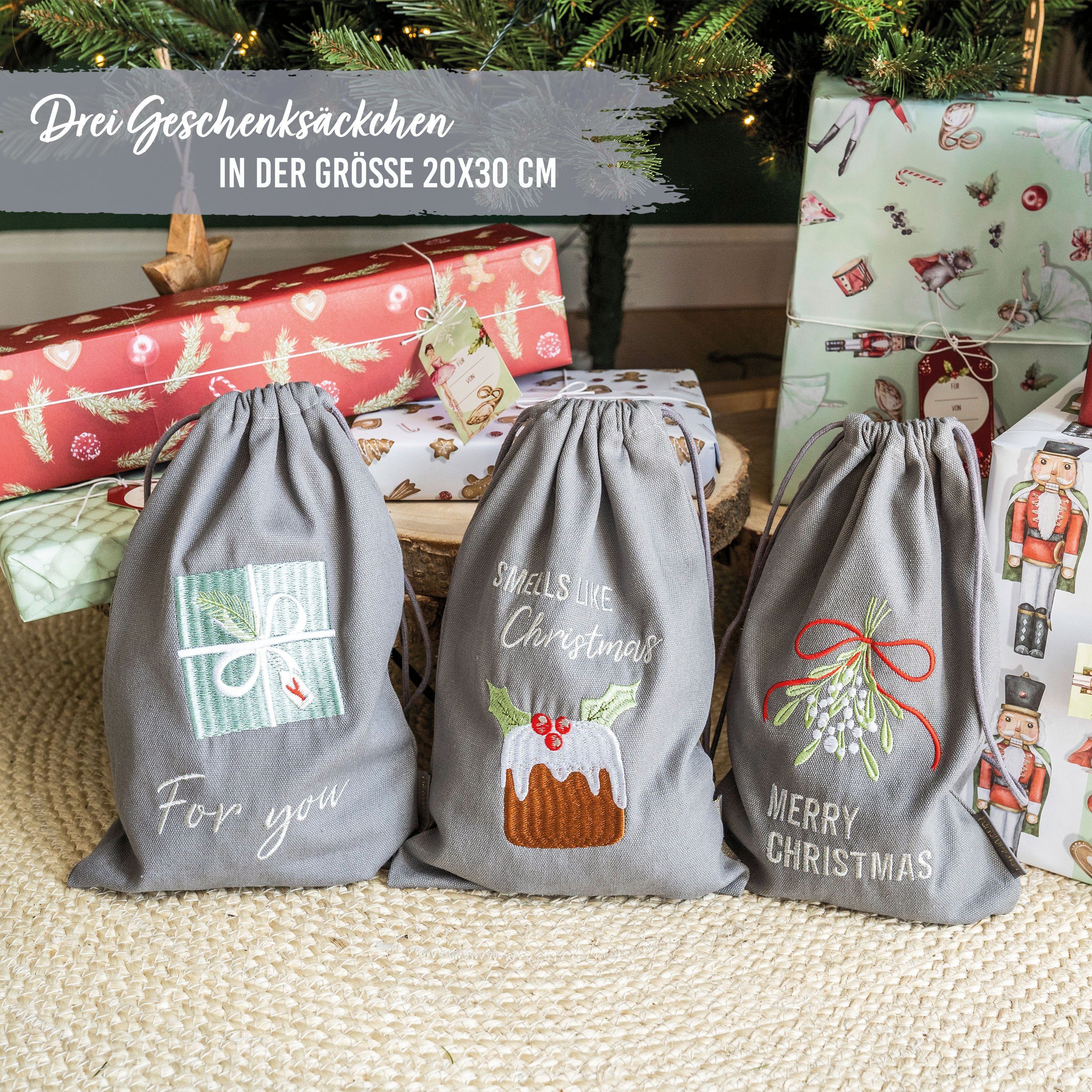 PAPIERDRACHEN Geschenkpapier 3 Geschenksäckchen zu Weihnachten - Geschenke nachhaltig einpacken, mit schöner Bestickung