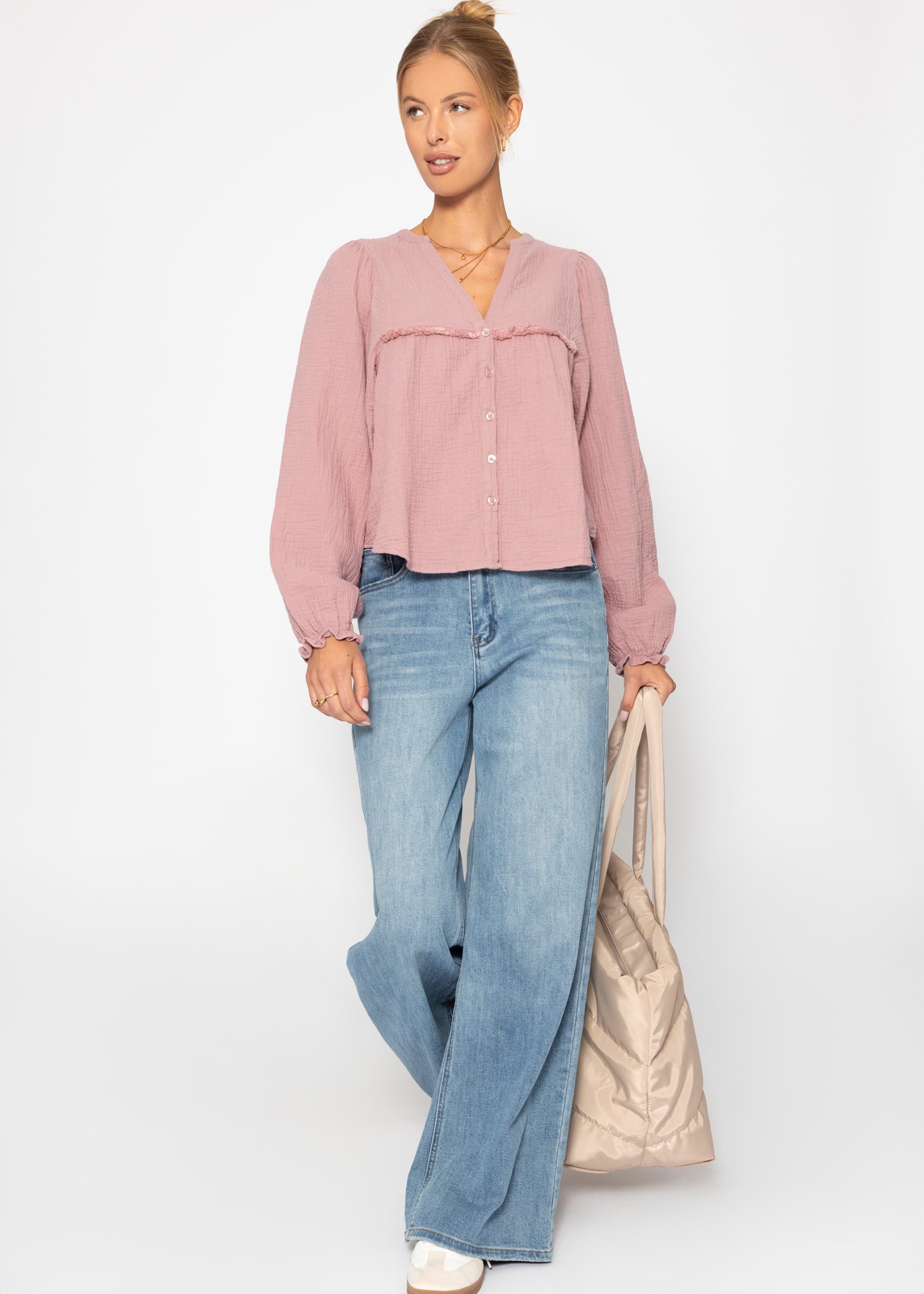 SASSYCLASSY Langarmbluse Musselinbluse Damen mit Fransen und Rüschenärmeln günstig online kaufen