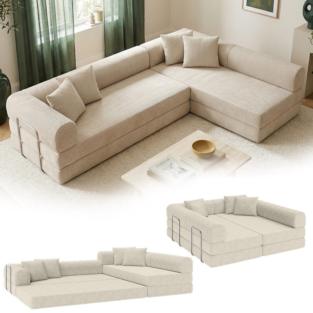 skølm Sofa & Sessel Lofn aus Vollschaum Cord, umwandelbar zum Schlafsofa/-Sessel, Beige, Ecksofa 300 cm breit, 4 Sitzer, kein Aufbau erforderlich, vakuumiert