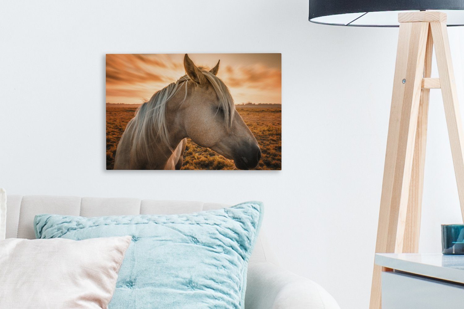 OneMillionCanvasses® Leinwandbild Pferd - Sonne Aufhängefertig, Leinwandbilder, Wanddeko, - Wandbild St), (1 Orange, 30x20 cm