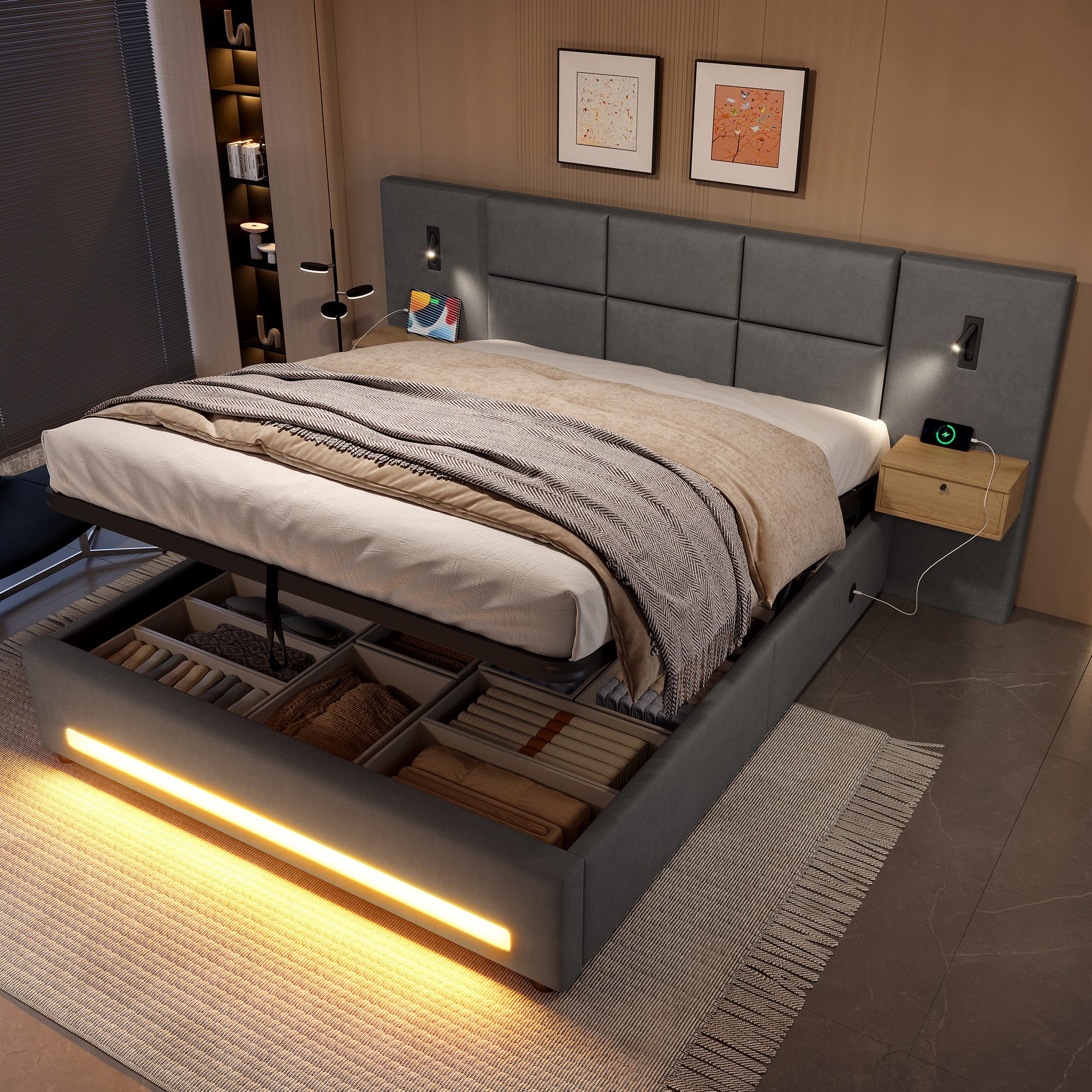 TavilaEcon Boxspringbett mit Samtkopfteil, praktischen Stauschubladen und LED-Nachtlicht (1-St), mit USB-C-Anschlüssen und robustem Metallgestell, 160×200cm, grau