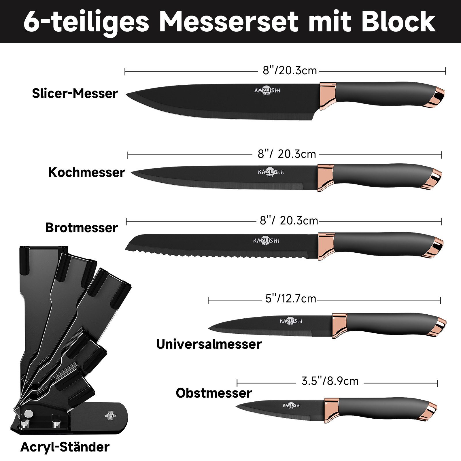 KAZUSHI Messer-Set 9/ 8/7/6teilig Messerblock Messerset Küchenmesser Set Profi Kochmesser (6-tlg), Edelstahl hochwertiges SelbstschärfenMesser Küchenmesser Set – Bild 2 von 5
