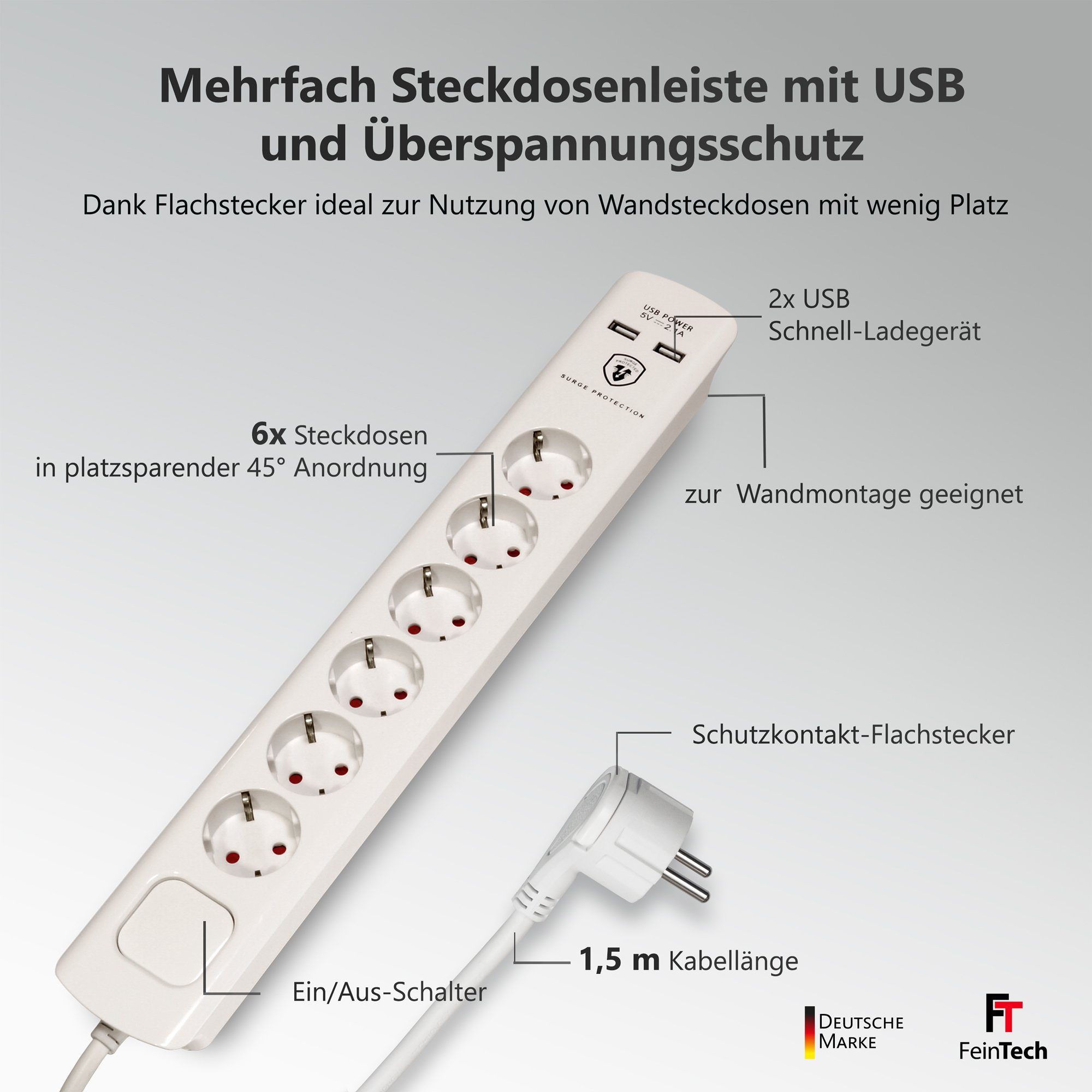 6-fach USB-Anschlüsse, Ausschalter, Schalterbeleuchtung, 1.5 Kabellänge m), Flachstecker Überspannungsschutz, FeinTech (Ein- / Mehrfachsteckdose