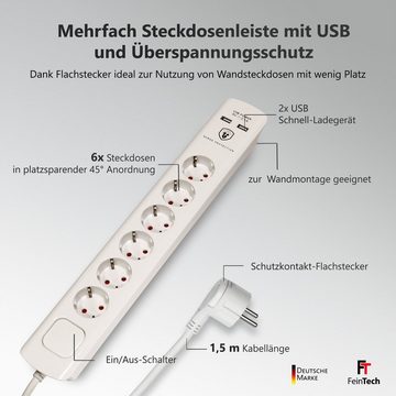 FeinTech Mehrfachsteckdose 6-fach (Ein- / Ausschalter, Schalterbeleuchtung, USB-Anschlüsse, Überspannungsschutz, Kabellänge 1.5 m), Flachstecker
