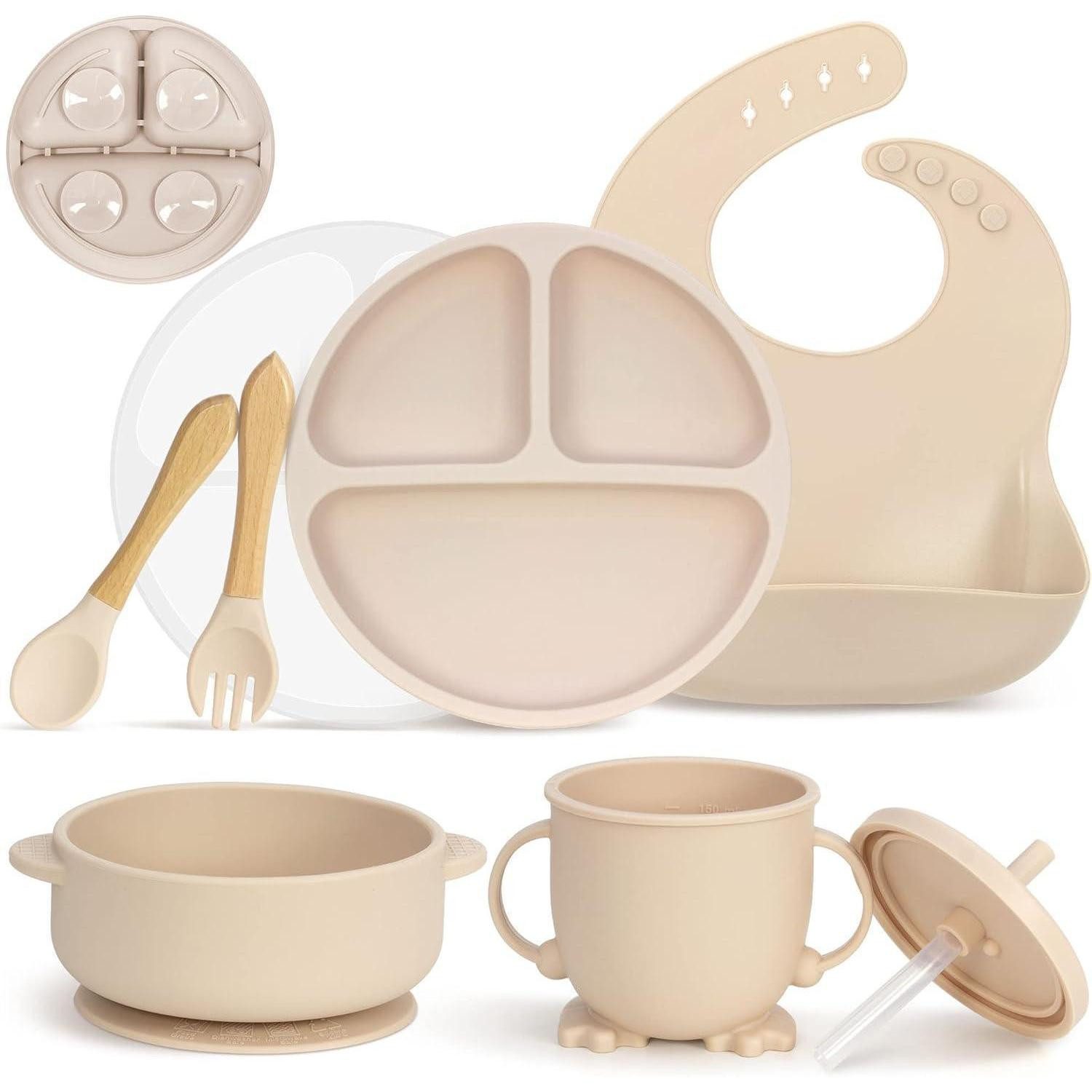 MOJINL Kindergeschirr-Set Silikon Baby Geschirrset Saugnapf 7 teilig BPA frei Es