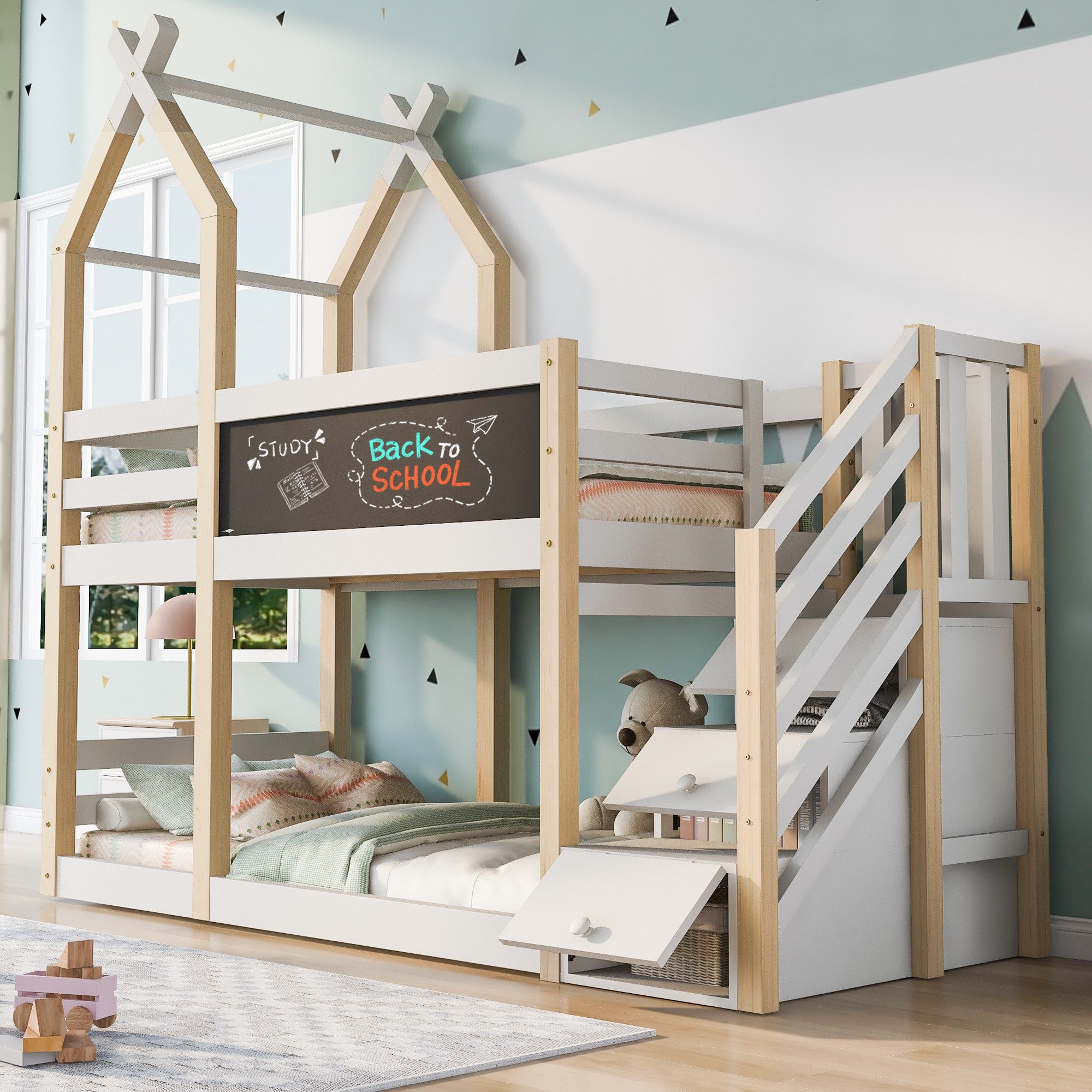 Merax Etagenbett Massivholz Hochbett, Kinderbett 90x200cm mit Stauraumtrepp günstig online kaufen