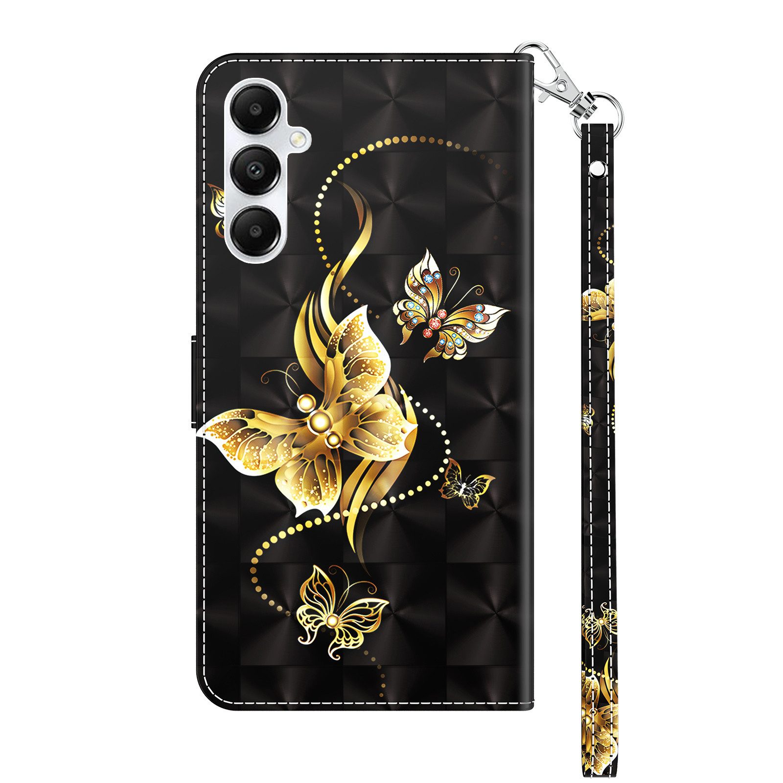 CLM-Tech Handytasche für Samsung Galaxy A16 / A17 5G Hülle aus PU Leder Klapphülle (goldene Schmetterlinge schwarz, Handyhülle mit Standfunktion - Wallet Flip Case inklusive Kartenfächer), Cover mit Magnetverschluss - Samsung Galaxy A16 5G Schutzhülle