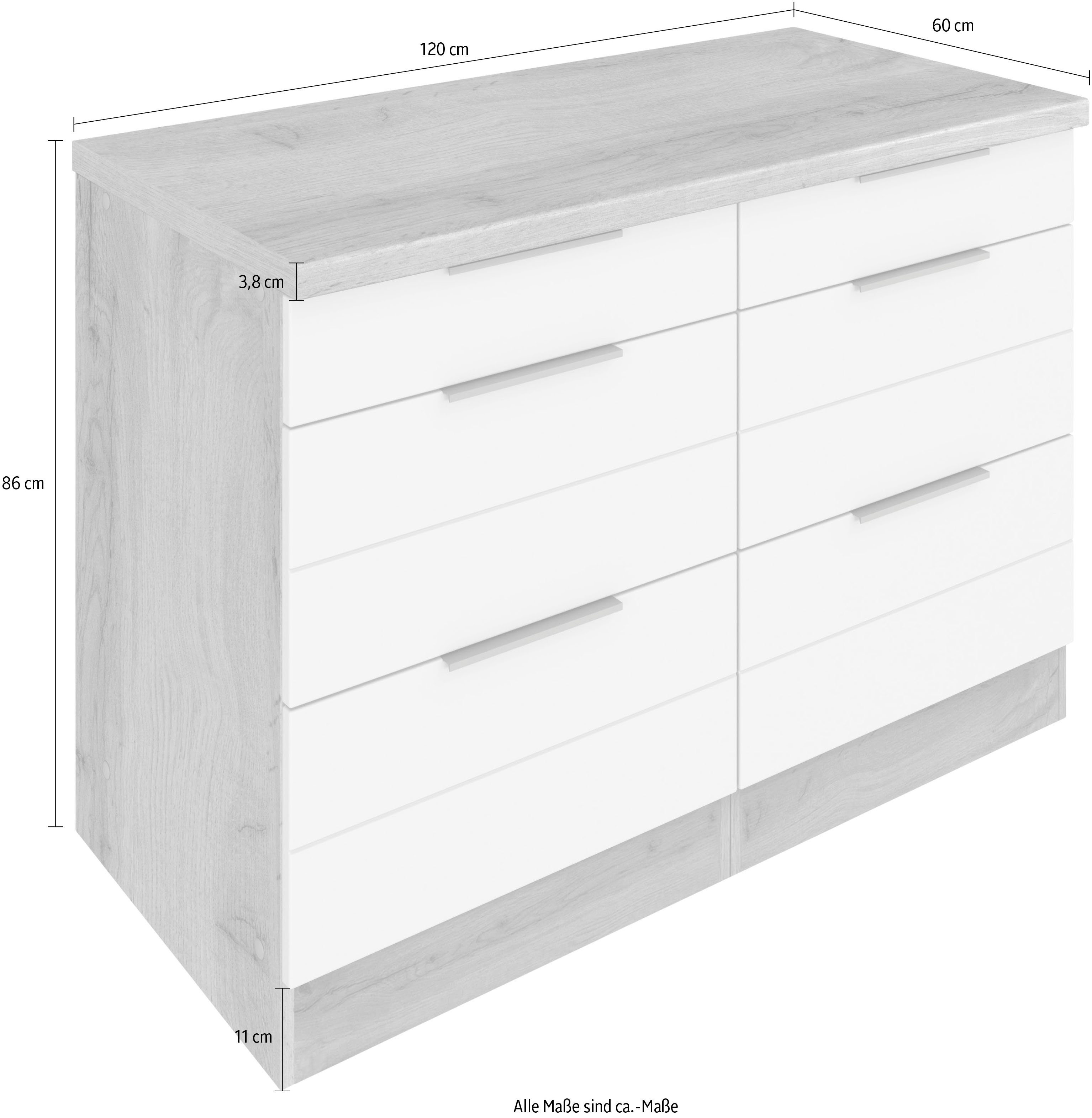 HELD MÖBEL Unterschrank | weiß 120 wotaneiche waagerechter MDF-Fronten mit Luhe Stauraum, Matt/wotaneiche viel breit, Lisene für cm