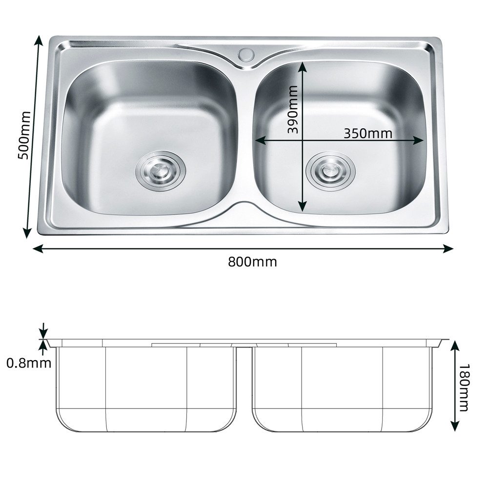 Feel2Home Stainless Steel Sink, Double Bowl, Built-in Sink, Stainless Steel Sink, Rectangular, 81/46 cm, Stainless Steel