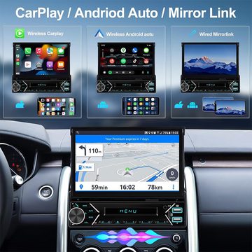 Hikity 1 DIN 7 Zoll motorisierter ausfahrbarer Touchscreen GPS Rückfahrkamera Autoradio (Kabelloses Carplay Android Auto, Bluetooth 5.0/Mirror Link/USB/FM/AUX)