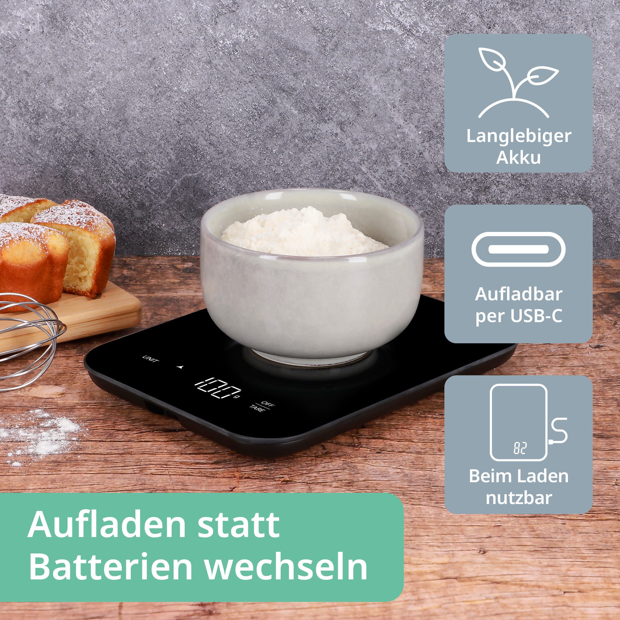 ADE Küchenwaage Digital, aufladbar per USB-C, bis 10 kg auf 1 g genau, aus Glas, Digitalwaage mit Tara-Funktion, beleuchtete Anzeige, in g, ml & oz