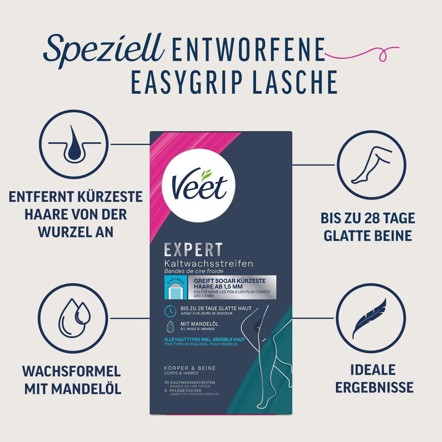 Veet Kaltwachsstreifen EXPERT, 40 St., für Körper & Beine, - zur Haarentfernung für alle Hauttypen inkl. sensibler Haut