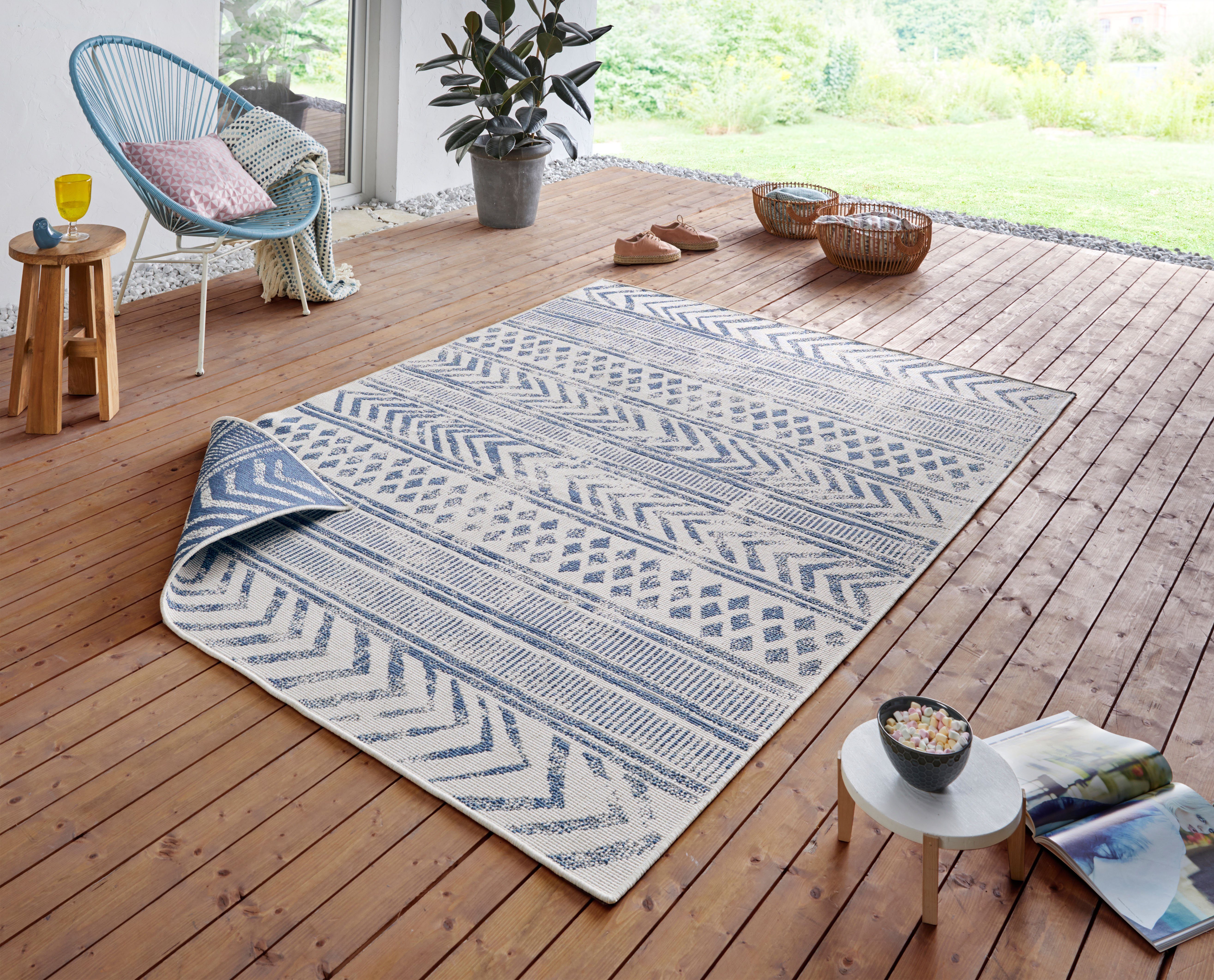 Wetterfest, Boho NORTHRUGS, 5 BIRI Wendeteppich, Outdoor, In-& Garten, Balkon, Wasserfest, Wohnzimmer, mm, rechteckig, Höhe: Teppich creme/blau