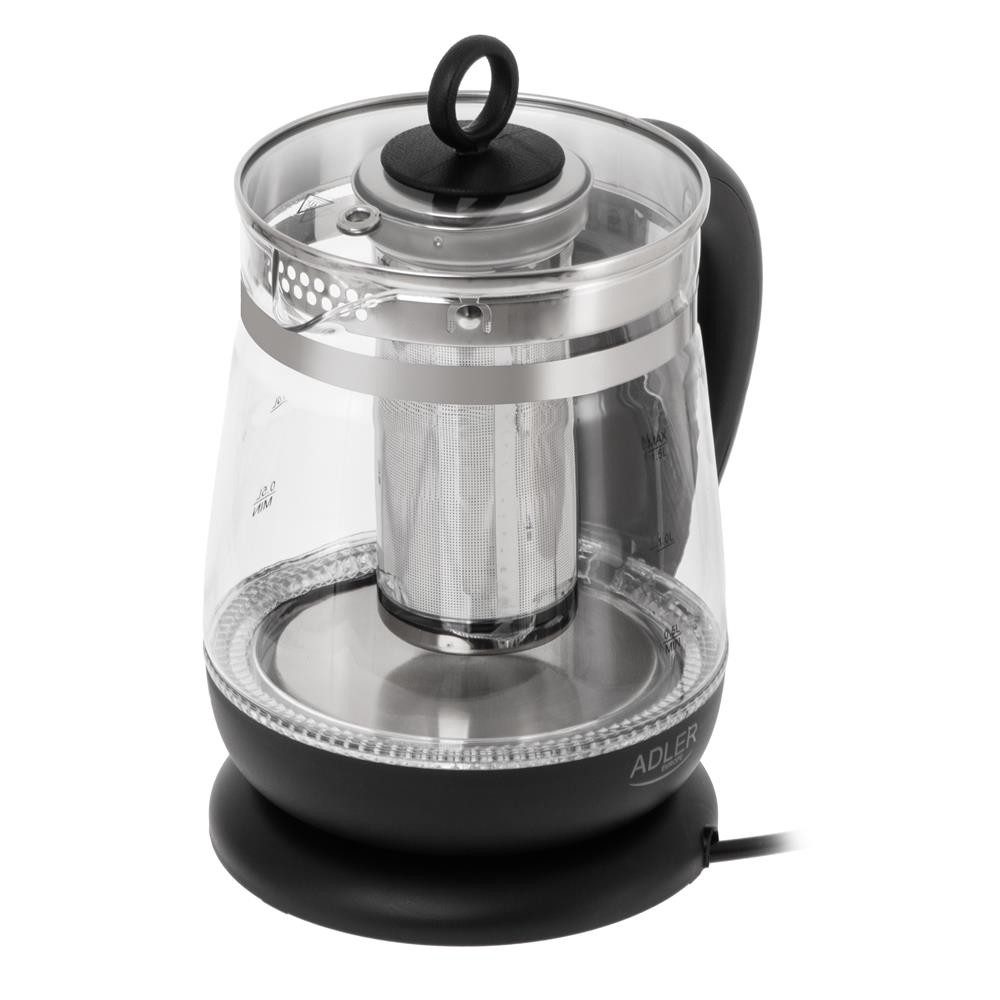 Adler Wasserkocher AD 1299, 1850 W, 1,5 l Glas Wasserkocher mit Teesieb, Temperaturregelung, LED, schwarz