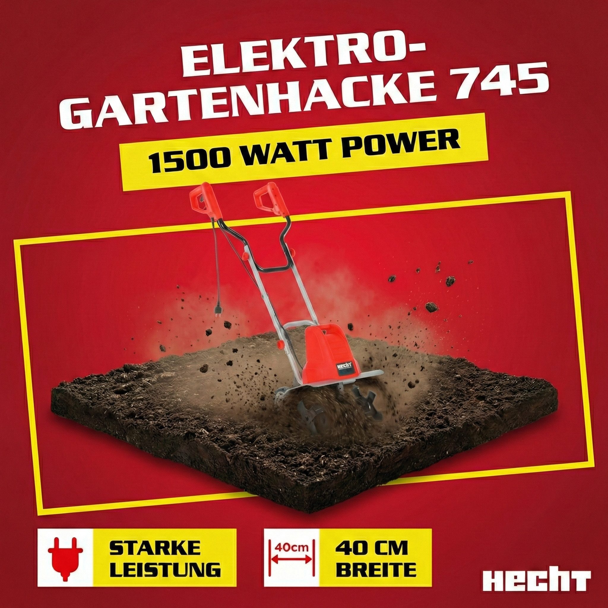 Hecht Elektromotorhacke Gartenfräse 1500 W 24 Messer Bodenhacke, Motorfräse, 40,00 cm Arbeitsbreite, 400 U/min