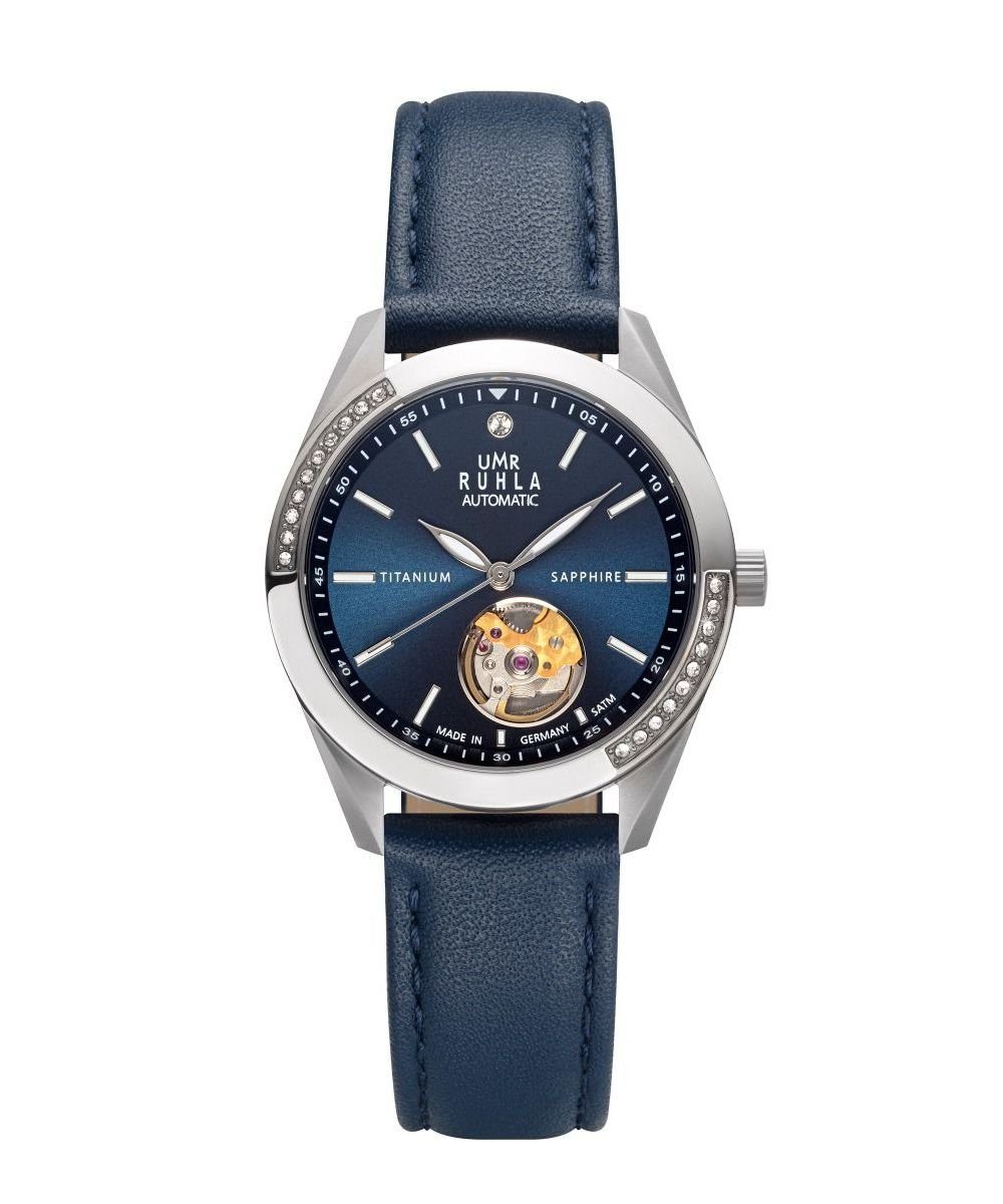 UMR Ruhla Automatikuhr Titan Damenuhr, 36 mm, blaues Lederband, MADE IN GERMANY, 21871, elegante Uhr für Damen