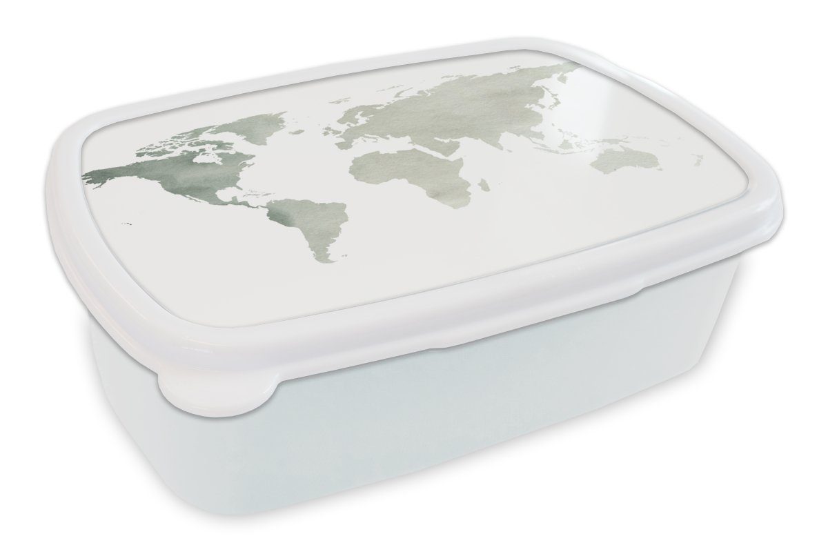 MuchoWow Lunchbox Weltkarte - Grau - Weiß, Kunststoff, (2-tlg), Brotbox für Kinder und Erwachsene, Brotdose, für Jungs und Mädchen
