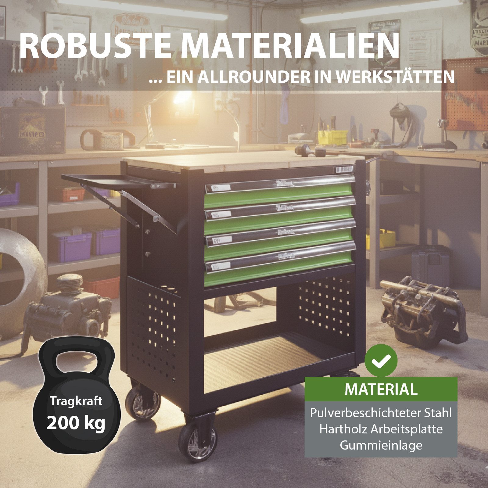TRUTZHOLM Werkstattwagen Werkzeugwagen 91x77x46 cm 4 Schubladen unbestückt Ablage klappbar, leer, max. Traglast:200 kg, 1-tlg. Werkzeugset, Zentralverriegelung, Feststellbremsen
