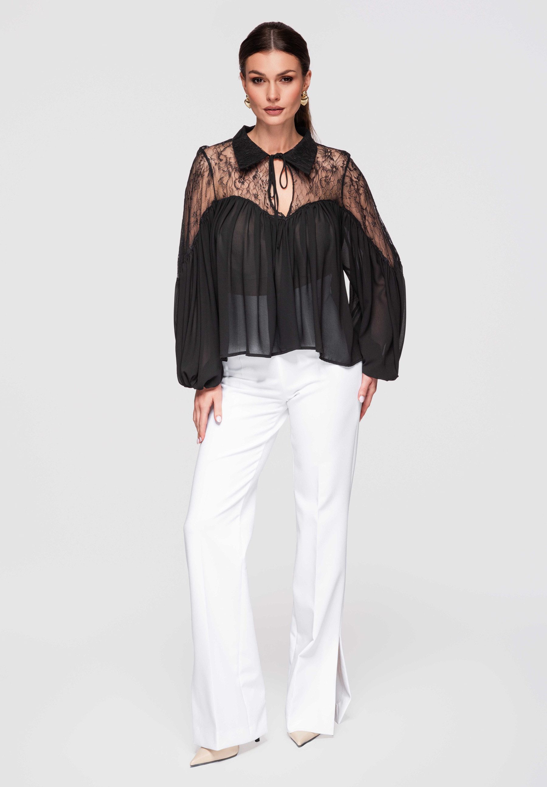 OMBRE Spitzenbluse Damenbluse mit Spitzenoberteil und locker fallender Silhouette