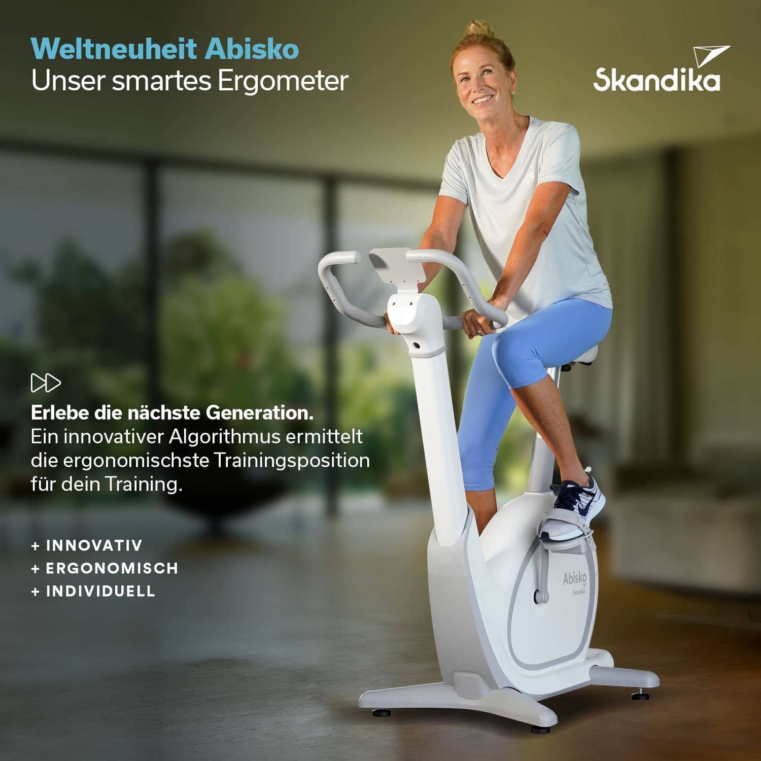 Skandika Heimtrainer Abisko, Weltneuheit, Smarter Ergometer für Zuhause mit App Steuerung (LED-Display in der Lenkersäule integriert, Bluetooth, bis 135 kg), EMS-Widerstand, Auto.Lenker- & Satteleinstellung, 36 Widerstandsstufen
