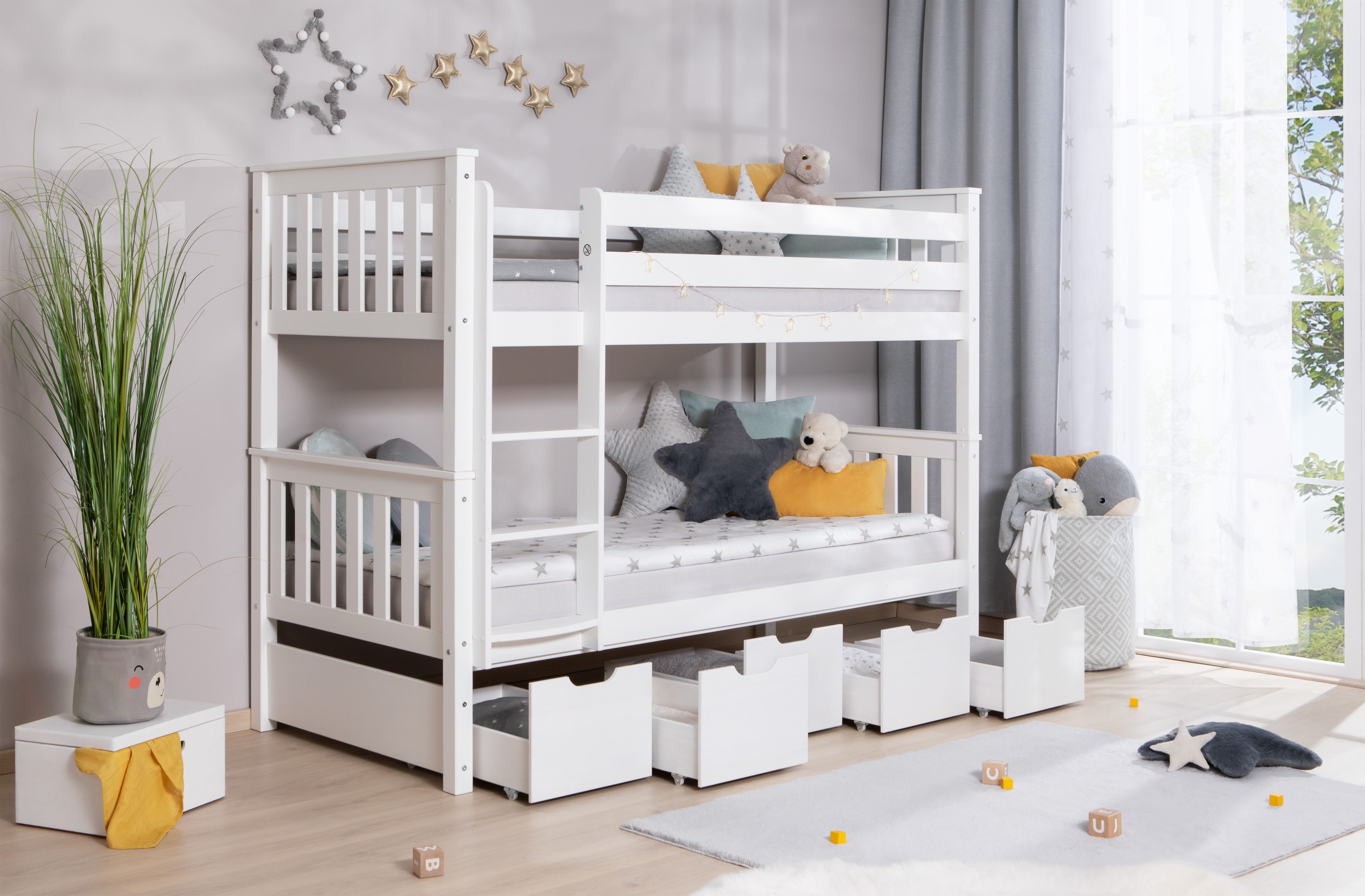 Ticaa Etagenbett Sammy (90x200cm), mit Stauraum, umbaubar zu 2 Einzelbetten, Rollrost, Massivholz