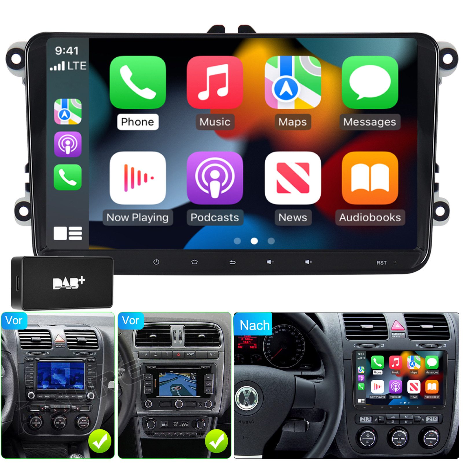 A-Sure Android 15 Carplay GPS Navi Für VW Golf 5 6 Passat Touran Caddy Jetta Autoradio (Digitalradio (DAB), RDS, FM, AM, 1280*720 Screen/4-Core CPU/2+64G/9 Zoll)