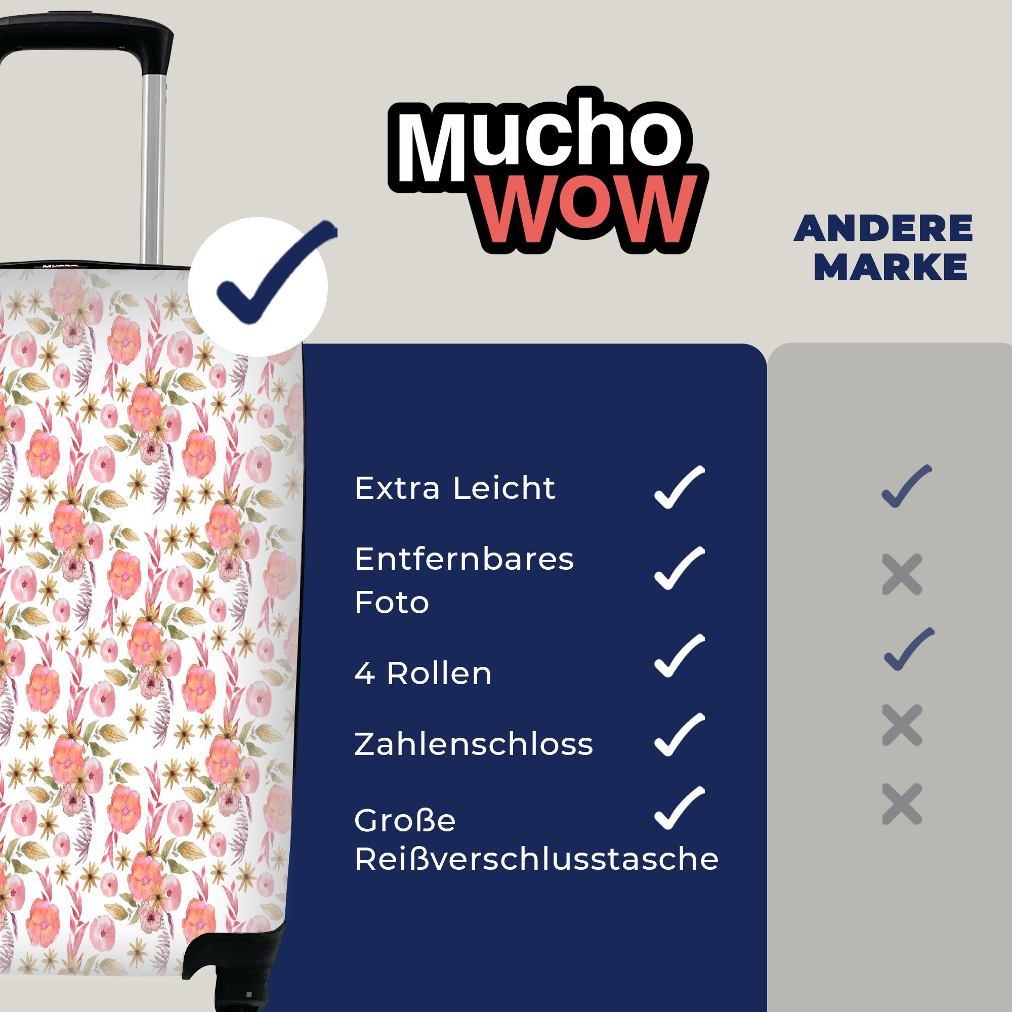 Blumen Trolley, - Reisetasche MuchoWow Rollen, mit Blüte Handgepäckkoffer Ferien, rollen, - für Handgepäck Weiß, 4 Reisekoffer