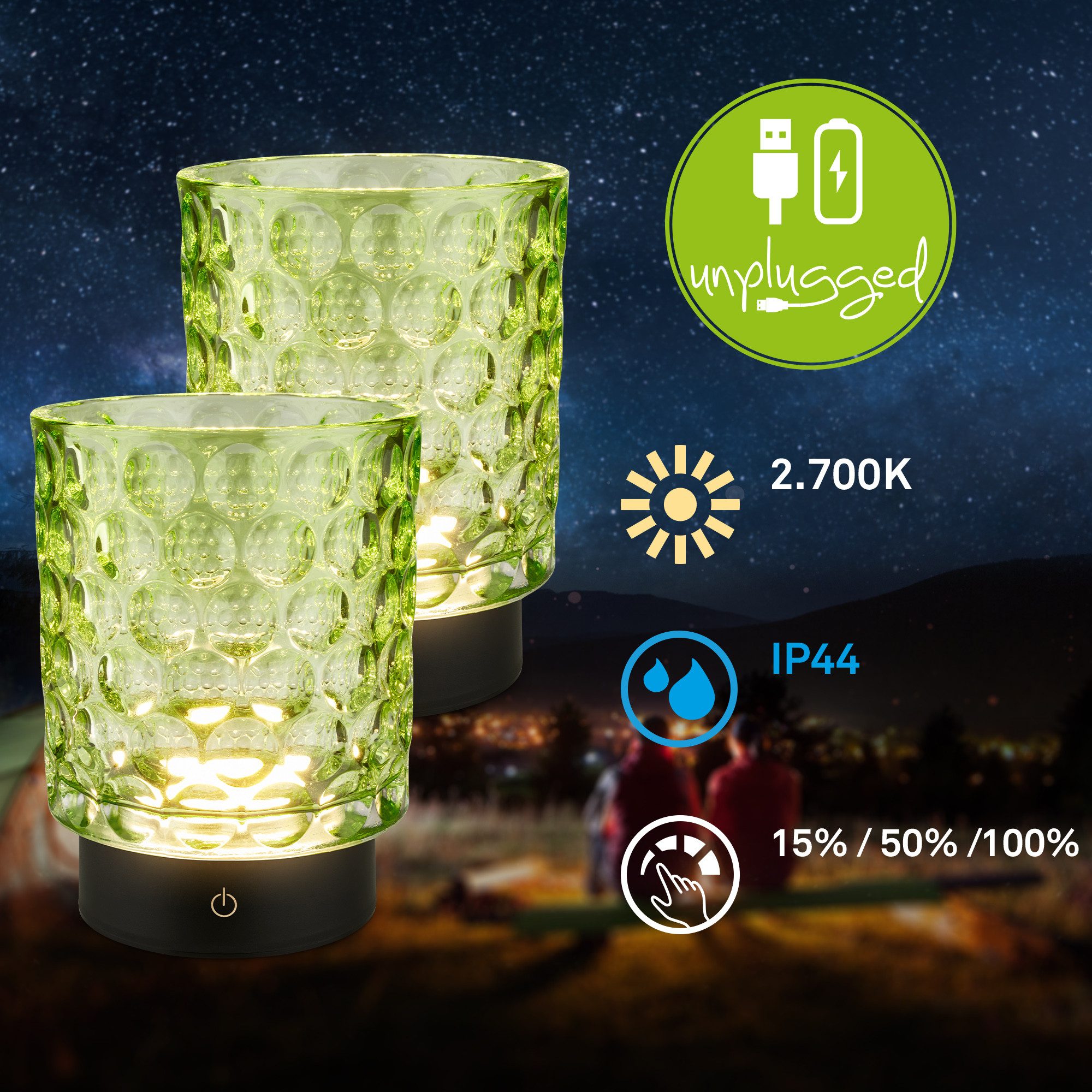 Briloner Leuchten LED Außen-Tischleuchte SUNORA, Dimmfunktion, LED fest integriert, Warmweiß, kabellos 15 x 11 cm Grün 2W Wohnzimmer Flur Outdoor Aussen 2er-Set