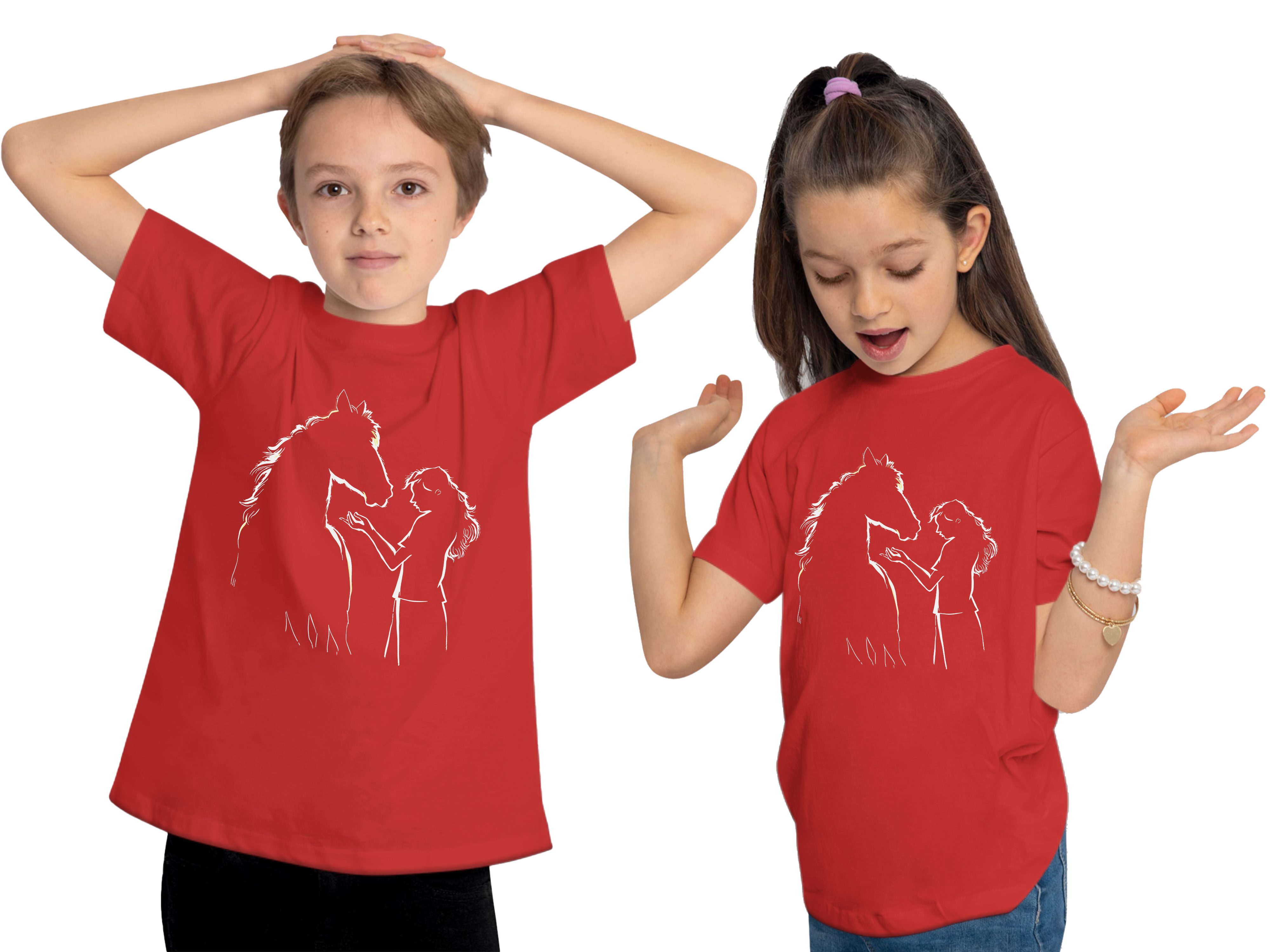 MyDesign24 Print-Shirt bedrucktes Mädchen T-Shirt Pferde Silhouette mit Frau Baumwollshirt mit Aufdruck i139