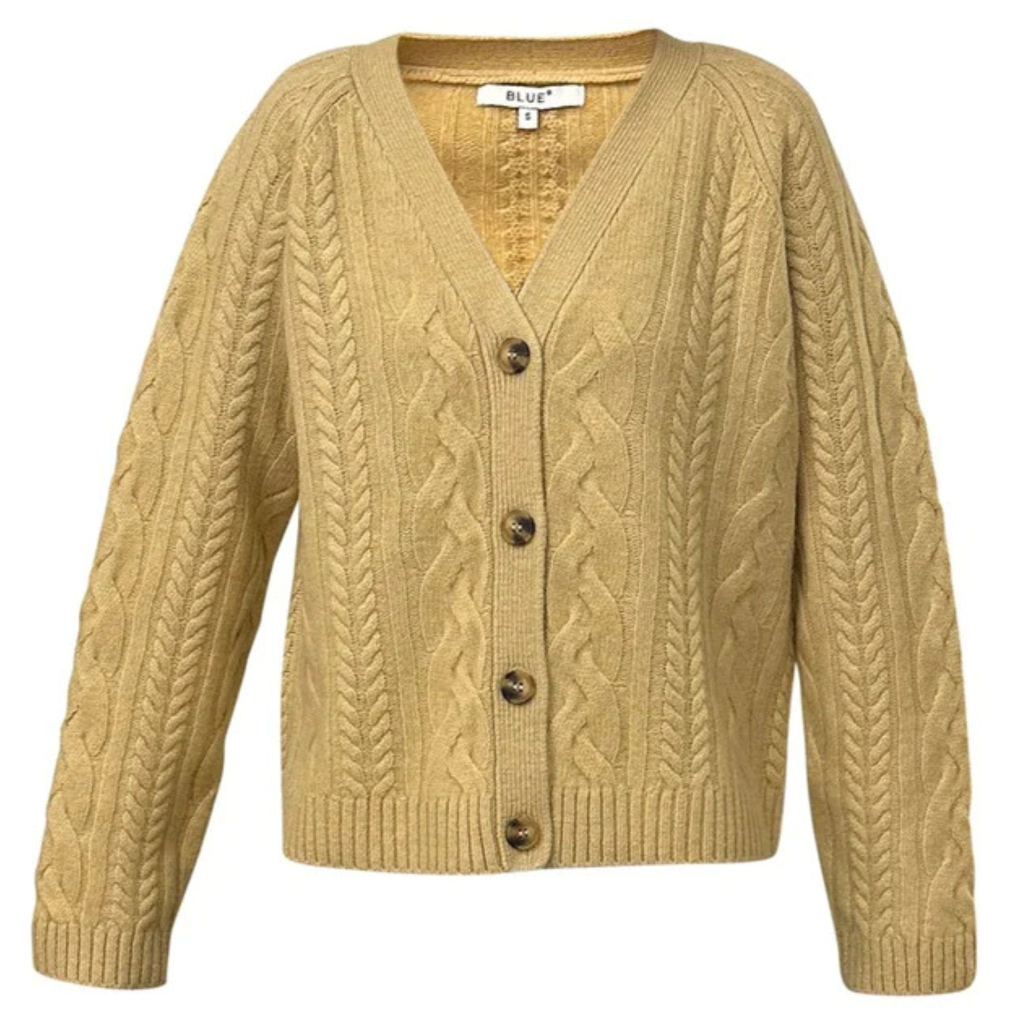 Strickjacke Haven Cardigan Zopfmuster Strickjacke aus Wolle in Creme o. Senfgelb