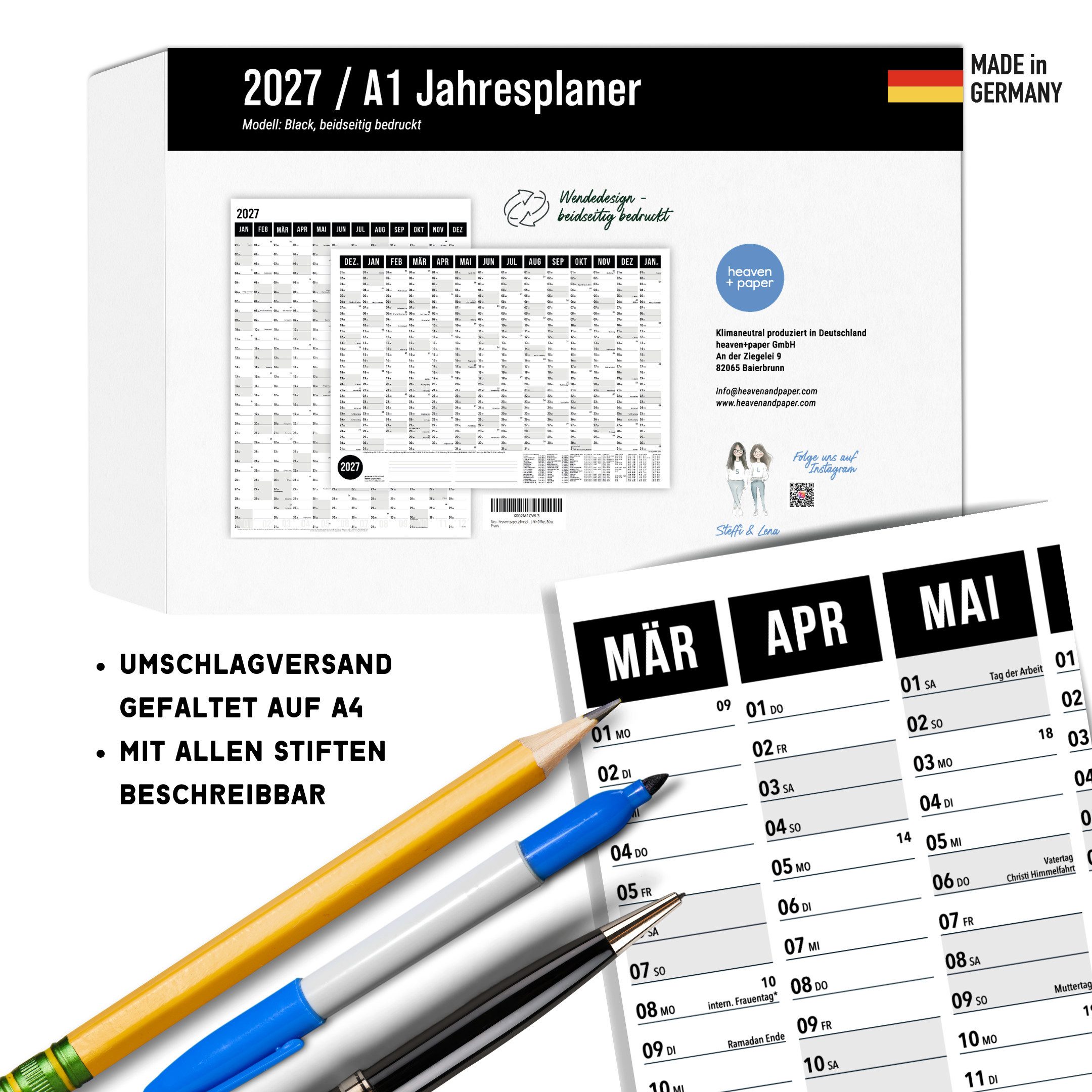 heaven+paper Jahresplaner Wandplaner 2027 Schwarz– DIN A1, beidseitig bedruckt, Hergestellt in Deutschland