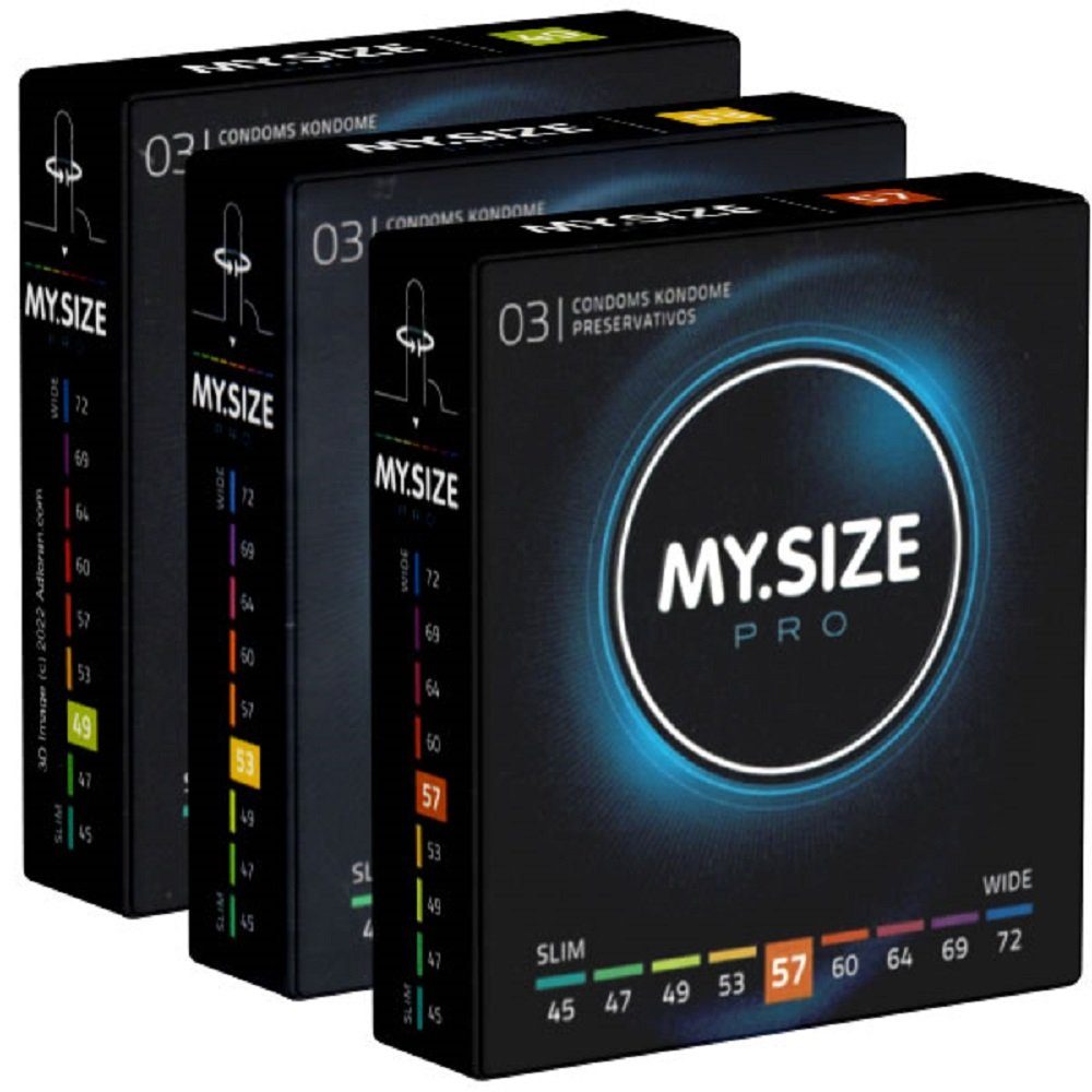MY.SIZE Kondome PRO «Probierset M» (49mm, 53mm, 57mm) 3 Packungen mit je 3 Maßkondomen, insgesamt, 9 St., Kondome zum Anprobieren und Austesten, die neue Generation MY.SIZE Kondome