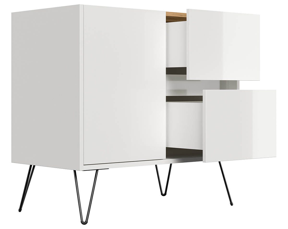 Posseik Waschtisch-Set Sideboard FAVIER 80 x 76cm, 2 Schubladen 1 Tür, weiß eiche-Top, (Sideboard, 1-St., Sideboard)