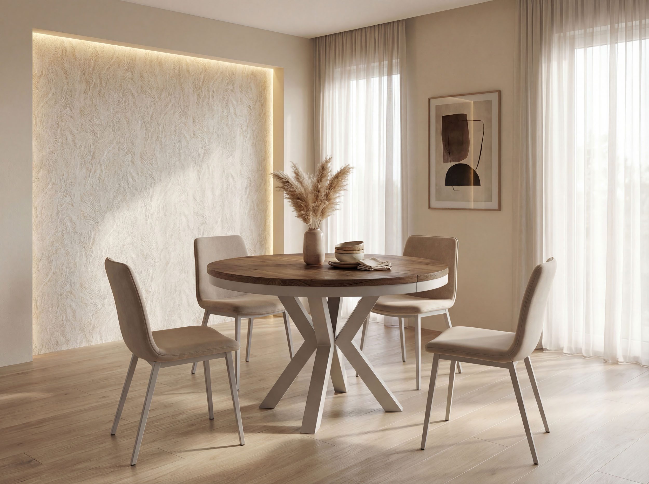 WFL GROUP Esstisch Clara Grau-Beige Loft rund ausziehbar mit Grau-Beige Metallbeinen (MADE IN EU, erhältlich in zwei Größen – 100/120 cm, ausziehbar auf 180/200 cm), platzsparender Industrial Tisch in Holzoptik für Wohnzimmer oder Küche