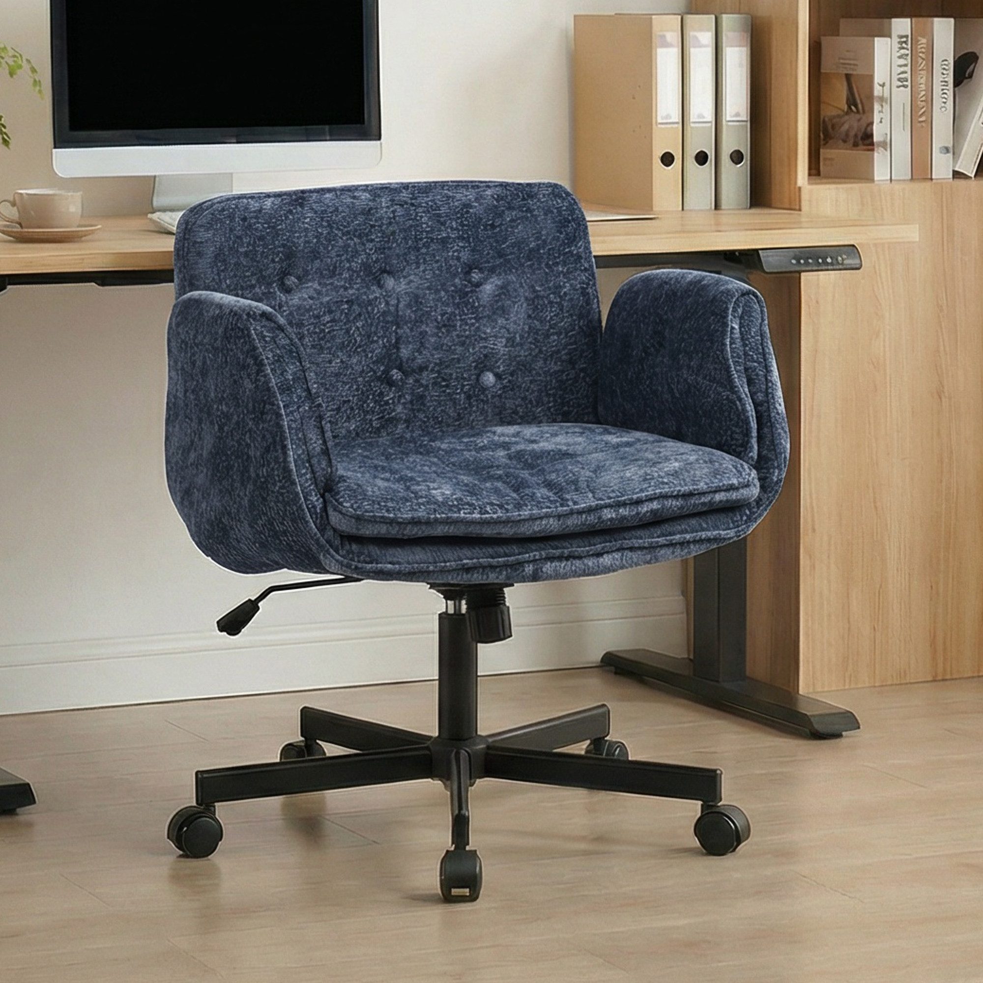 Leawin Drehstuhl Bürostuhl ergonomisch mit breitem Sitz & 5-fach Armlehnen, Schreibtischstuhl mit Chenille-Bezug, Rollen & 150 kg