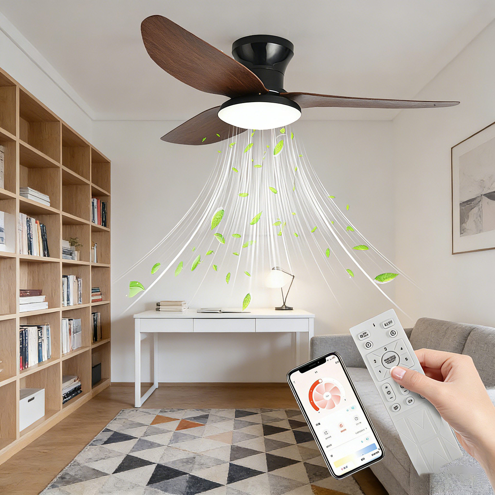 Vornix Deckenleuchten Leise Deckenventilator LED Deckenleuchte,ventilatoren, APP-Kontrolle,Fernbedienung, Warmes weiBes Licht, neutrales weiBes Licht, kaltes weiBes Licht, 6 einstellbare Gänge, Leuchte/ Ventilator getrennt schaltbar