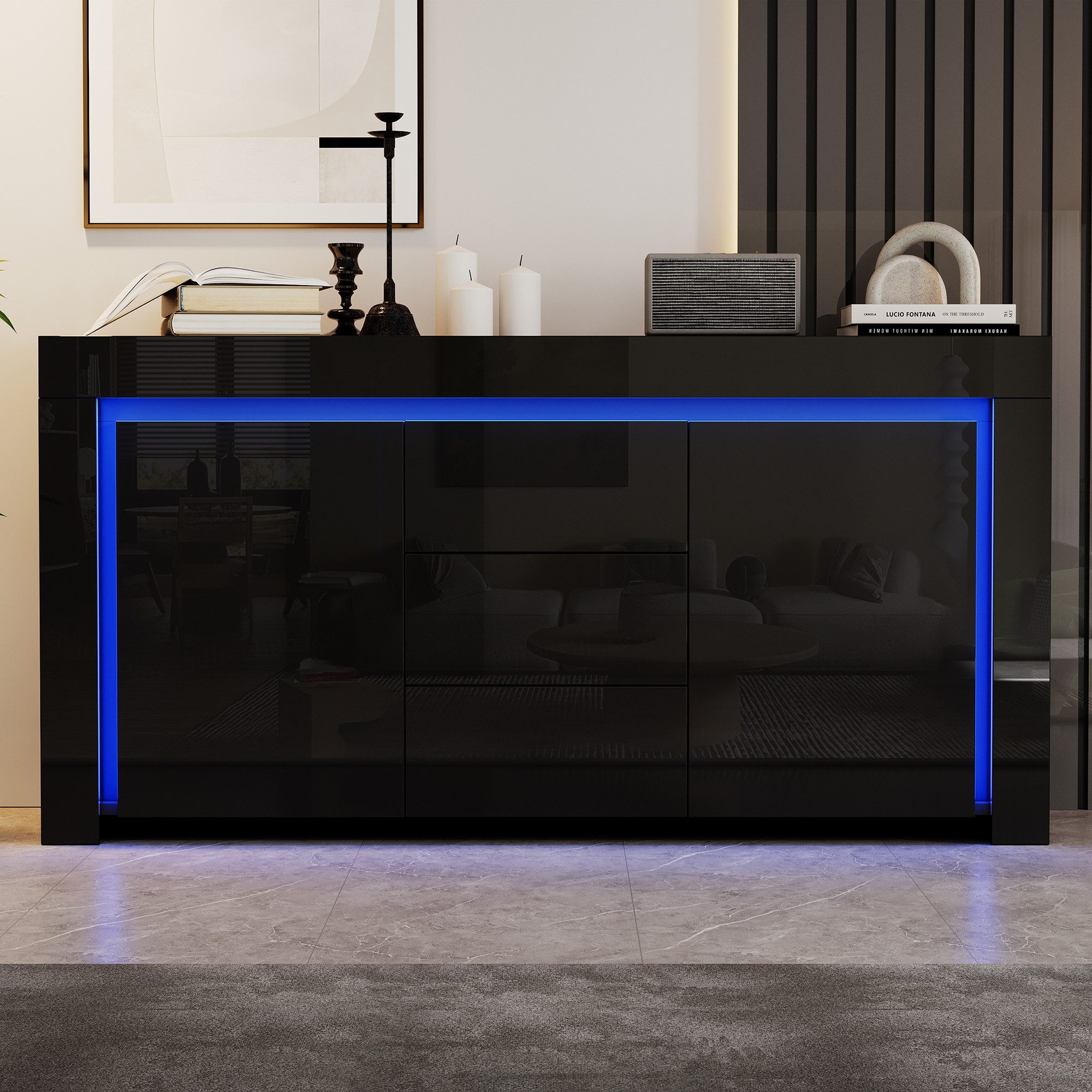 Merax Sideboard Hochglanz Anrichte mit LED-Beleuchtung (für Flur, Wohnzimmer, Büro, 1 St., 140×40×65cm), Kommode mit 2 Türen, 3 Schubladen & verstellbaren Einle – Bild 3 von 5