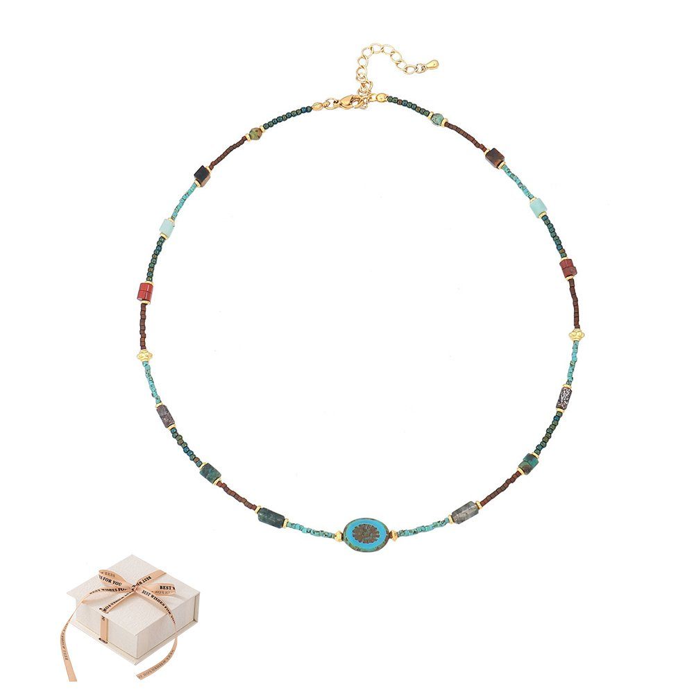 Invanter Lange Kette Retro Natural Stone Perlen Perlen Halskette Blau